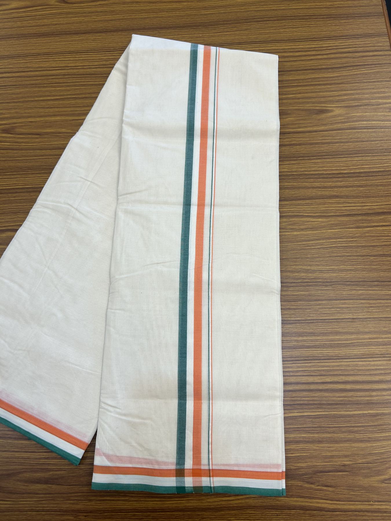 Congress Veshti - 20% Discount! KaithariKada 100% Cotton off white Double - (Unbleached) Mundu/Dhoti - 100X80 - 1.25 inch Orange White & Green Shaded Kara - 2 KK5335 ASH
