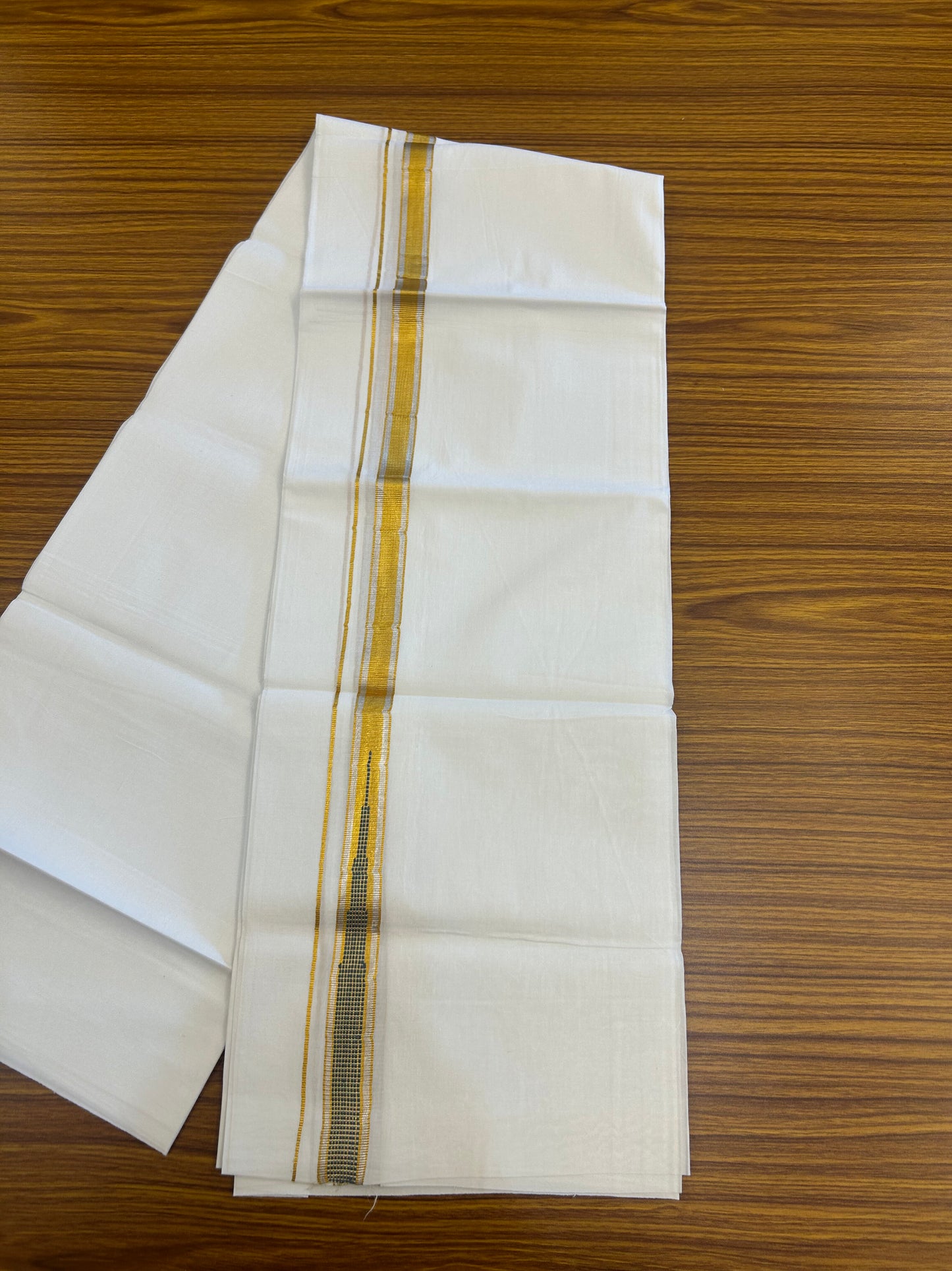 KaithariKada Balaramapuram 100% Cotton Single Pure White Mundu/Dhoti - 80x60 - 1 inch Silver Gold Kasav Greyish Green Striped chutty kara 2 mtr (4 muzham) - 68 KK5359 THI