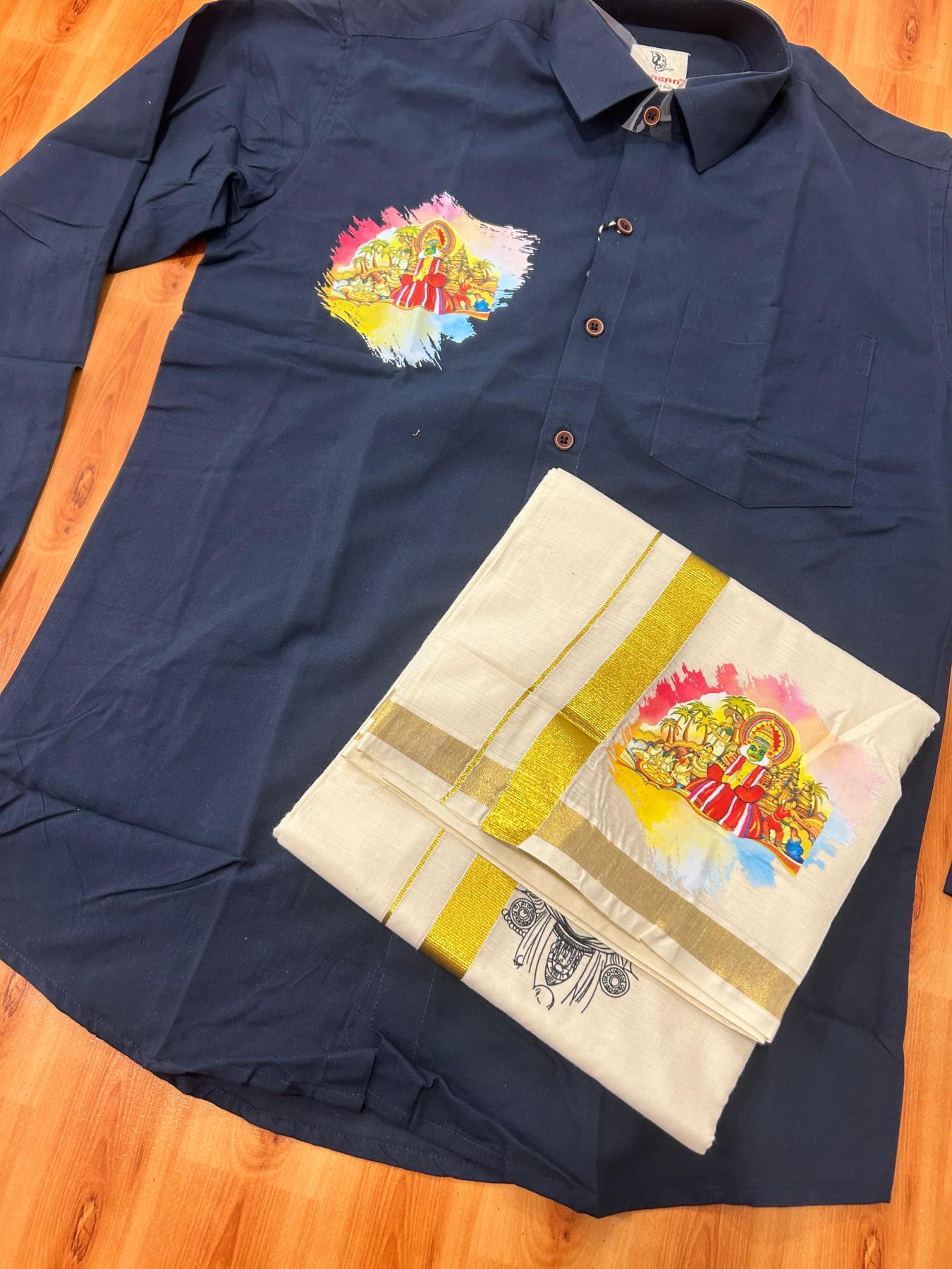 Combo Shirt Mund Mixed cotton - Full Sleeve - KaithariKada - 1 inch Gold Kasav Kara & Kathakali Printed Navy Blue Shirt - 8 KK7052 KUT