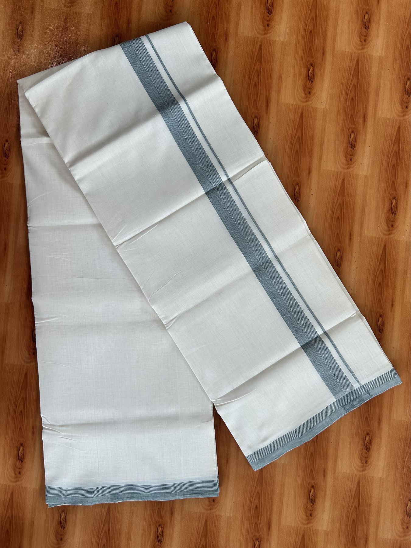 Double Off White (Unbleached) Mundu/Dhoti - 25% Discount! KaithariKada Handloom Unakkupaav - Kerala Handloom - Pure Cotton - 80x90 - 1.5 Inch Green Shaded Striped Kara 4 mtr (8.5 Muzham) - 17 KK5439 YAR