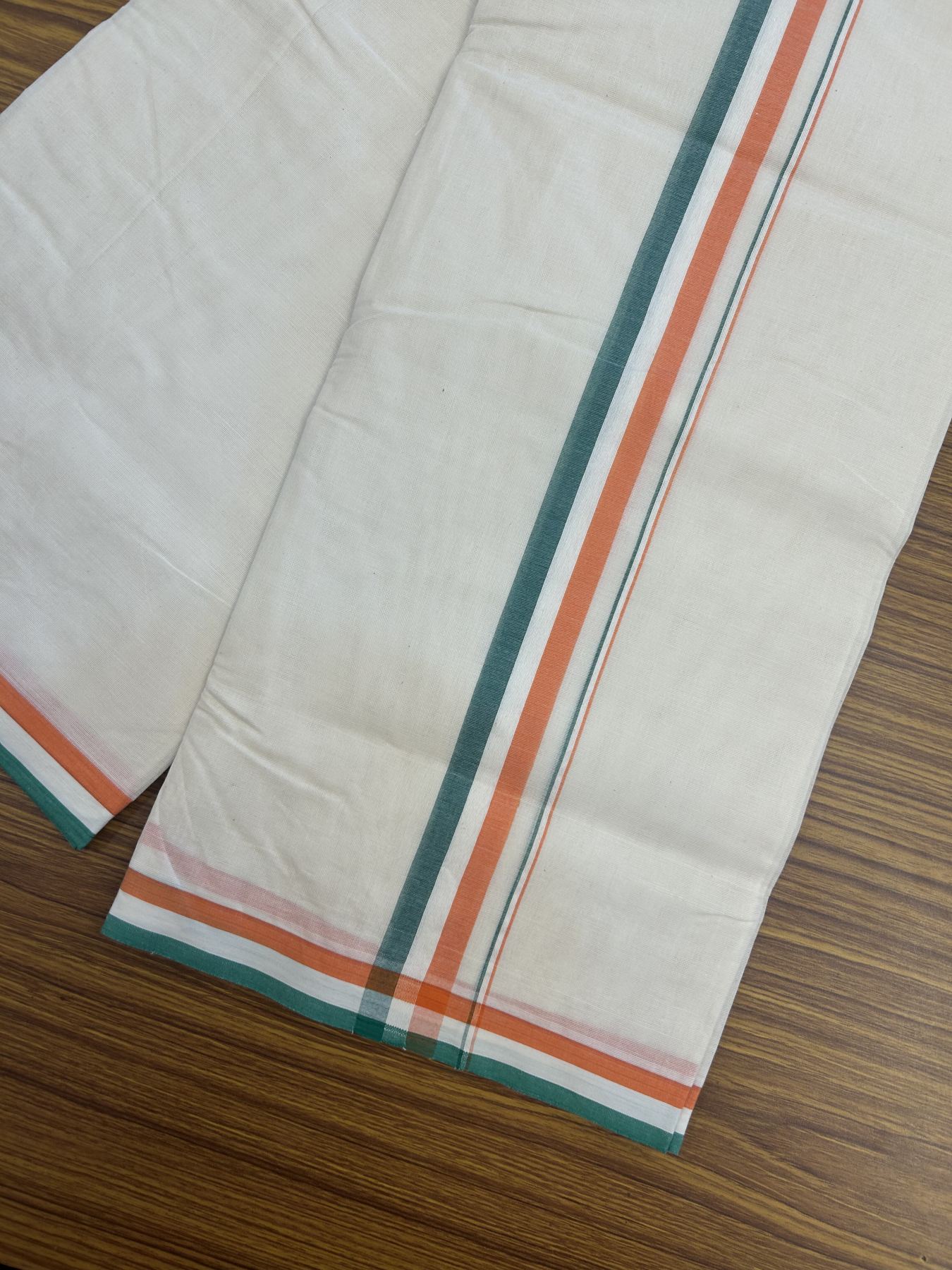 Congress Veshti - 20% Discount! KaithariKada 100% Cotton off white Double - (Unbleached) Mundu/Dhoti - 100X80 - 1.25 inch Orange White & Green Shaded Kara - 2 KK5335 ASH