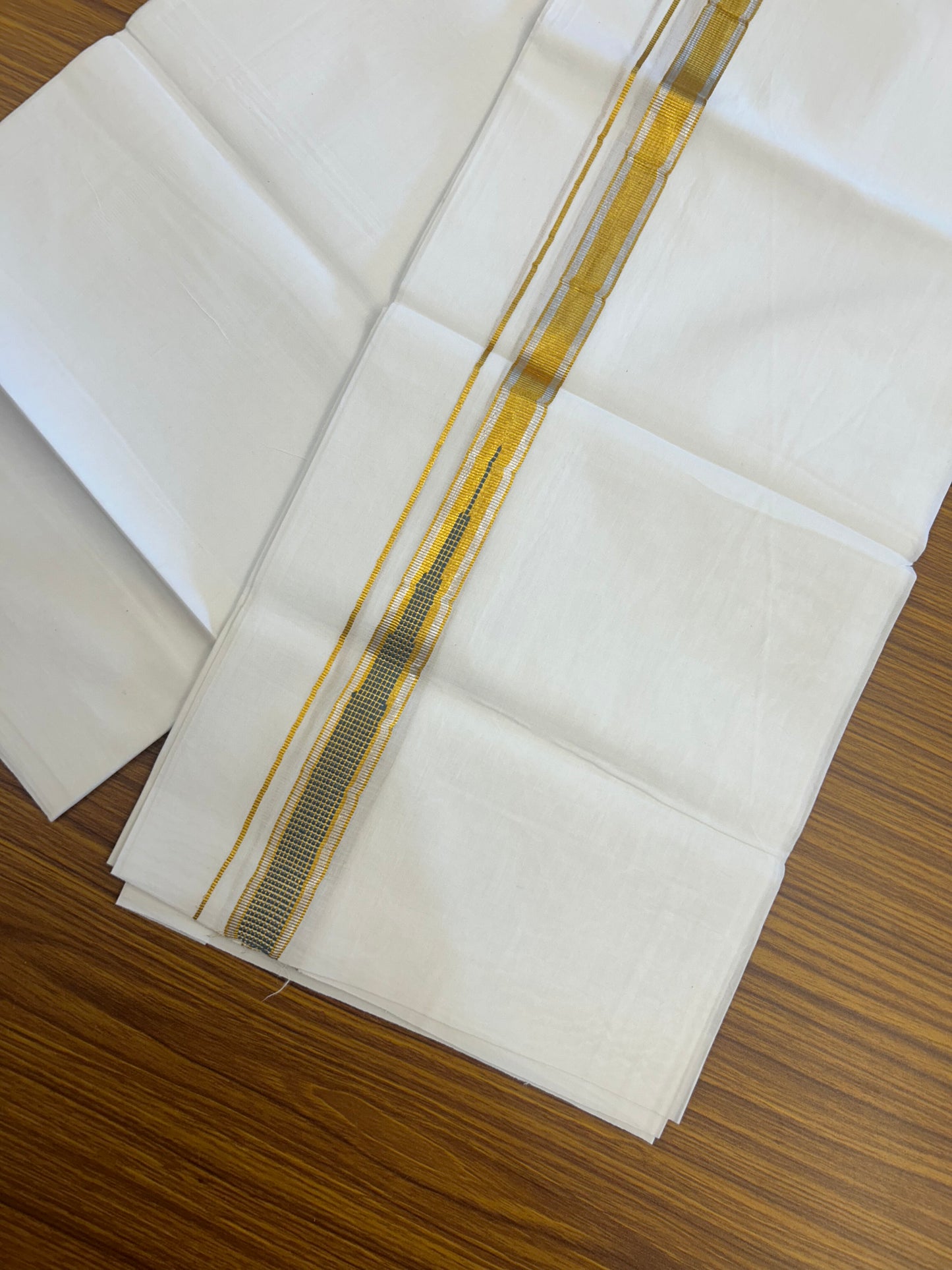 KaithariKada Balaramapuram 100% Cotton Single Pure White Mundu/Dhoti - 80x60 - 1 inch Silver Gold Kasav Greyish Green Striped chutty kara 2 mtr (4 muzham) - 68 KK5359 THI