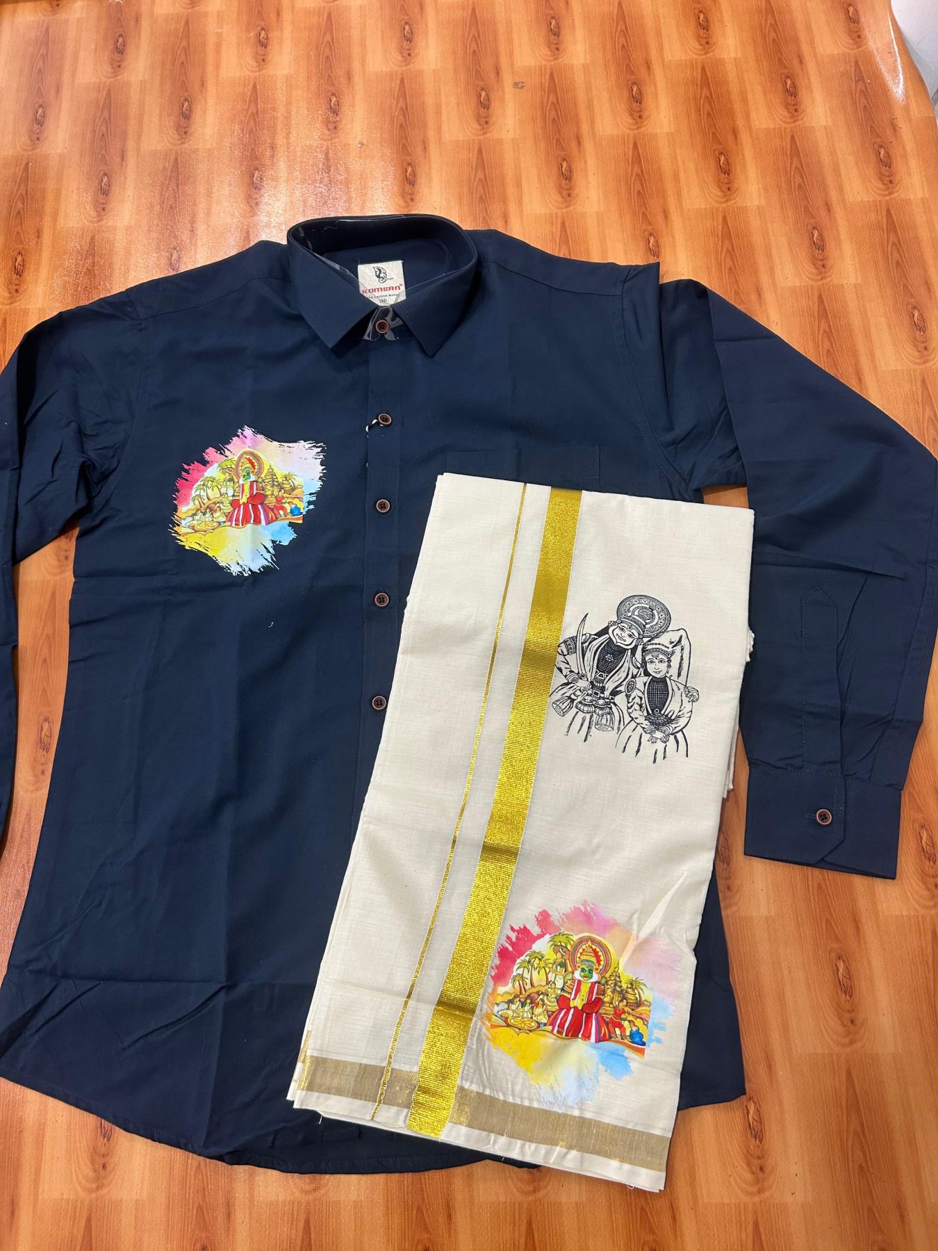Combo Shirt Mund Mixed cotton - Full Sleeve - KaithariKada - 1 inch Gold Kasav Kara & Kathakali Printed Navy Blue Shirt - 8 KK7052 KUT