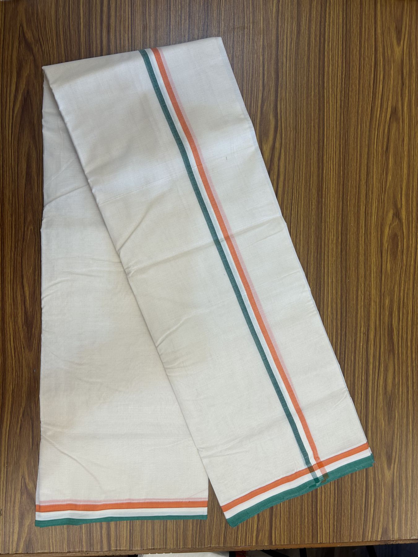 Congress Veshti - 20% Discount! KaithariKada 100% Cotton off white Double - (Unbleached) Mundu/Dhoti - 100X80 - 1 inch Orange White & Green Shaded Kara - 4 KK5335 ASH