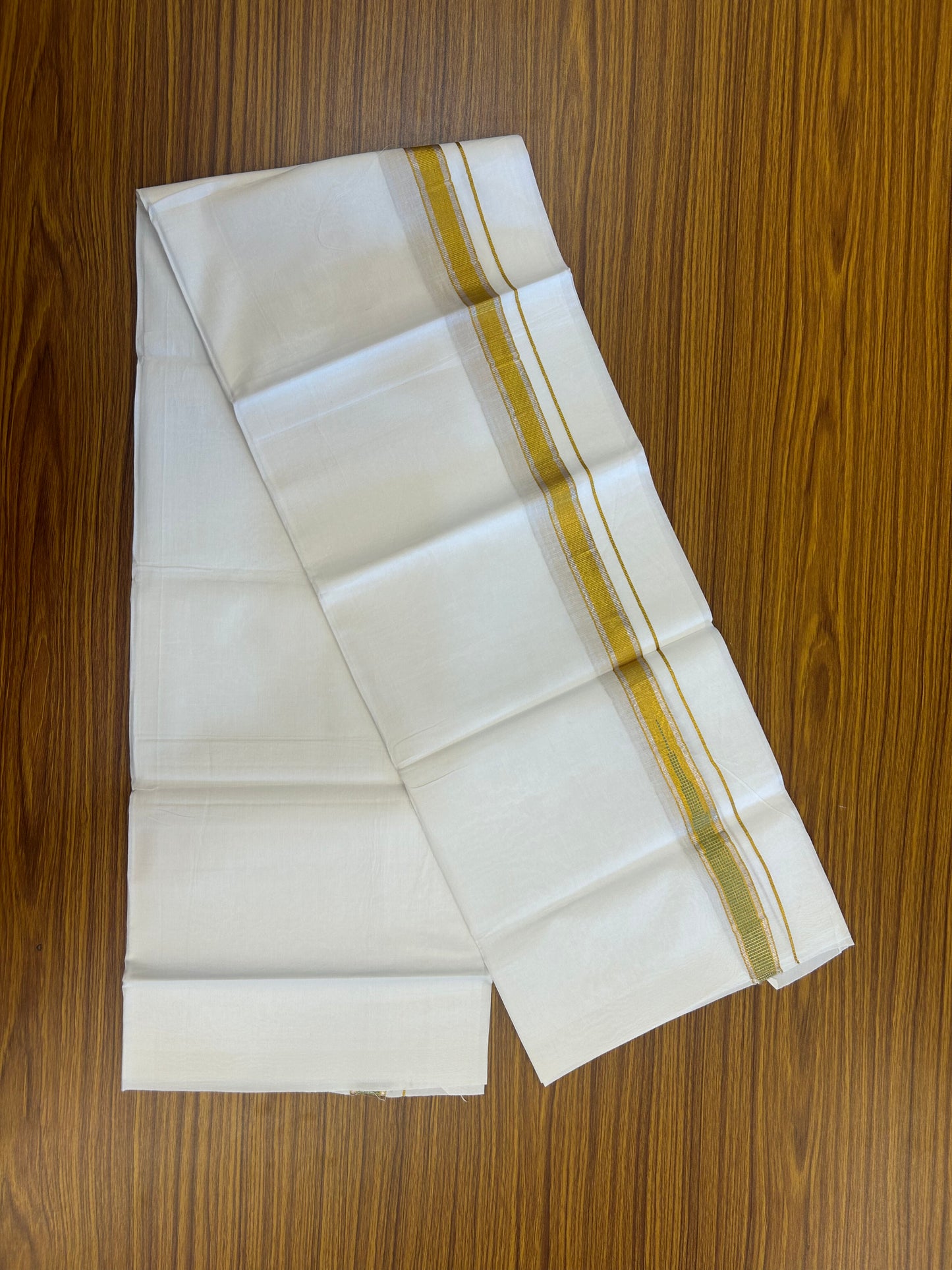 KaithariKada Balaramapuram 100% Cotton Single Pure White Mundu/Dhoti - 80x60 - 1 inch Silver Gold Kasav Light Green Striped chutty kara 2 mtr (4 muzham) - 70 KK5359 THI
