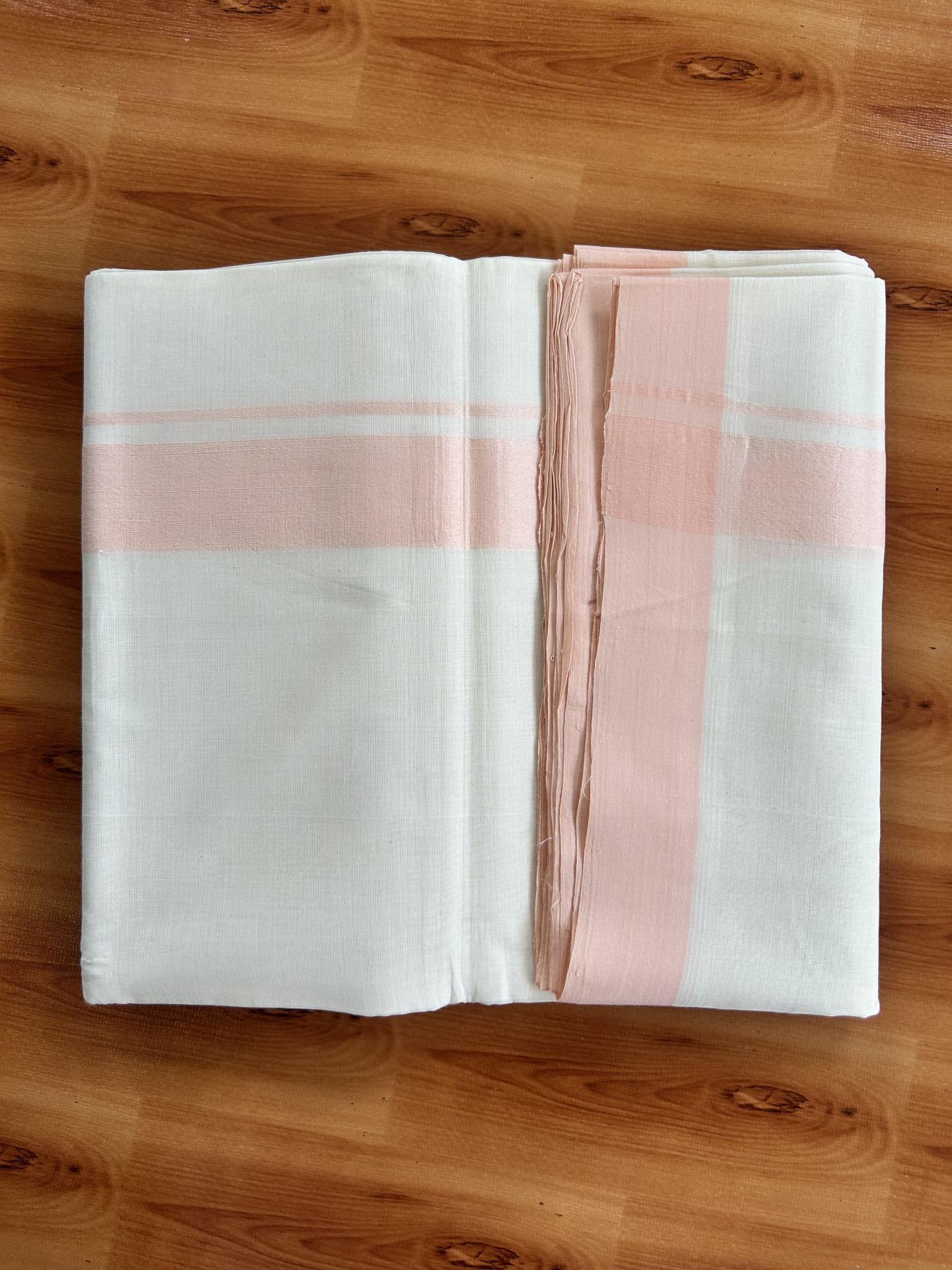 Double Off White (Unbleached) Mundu/Dhoti - 25% Discount! KaithariKada Handloom Unakkupaav - Kerala Handloom - Pure Cotton - 80x90 - 1.25 Inch Peach Pink Kara 4 mtr (8.5 Muzham) - 21 KK5439 YAR