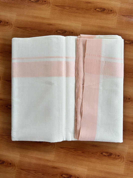 Double Off White (Unbleached) Mundu/Dhoti - 25% Discount! KaithariKada Handloom Unakkupaav - Kerala Handloom - Pure Cotton - 80x90 - 1.25 Inch Peach Pink Kara 4 mtr (8.5 Muzham) - 21 KK5439 YAR