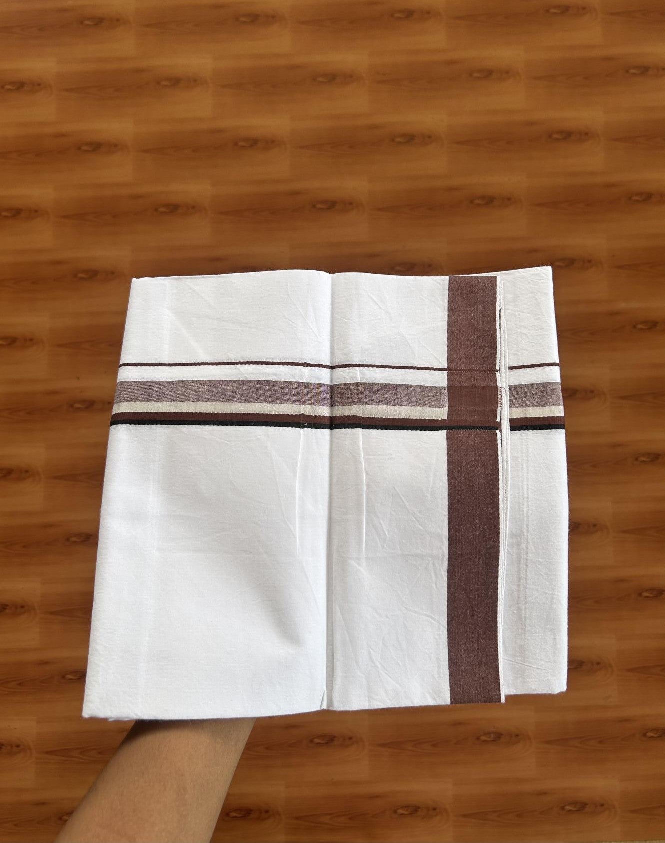 Single Mundu/Dhoti  - Pure White - 29% Discount !! KaithariKada Balaramapuram 100% Cotton - Twisted 60s Thread -1 Inch Silver Kasav & Black & Chocolate Brown Kara (2 meter / 4 muzham) - 30 KK5393 GL