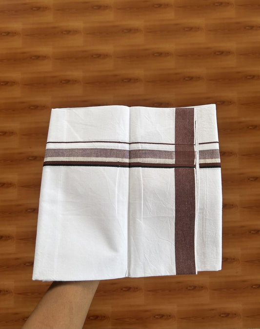 Single Mundu/Dhoti  - Pure White - 29% Discount !! KaithariKada Balaramapuram 100% Cotton - Twisted 60s Thread -1 Inch Silver Kasav & Black & Chocolate Brown Kara (2 meter / 4 muzham) - 30 KK5393 GL