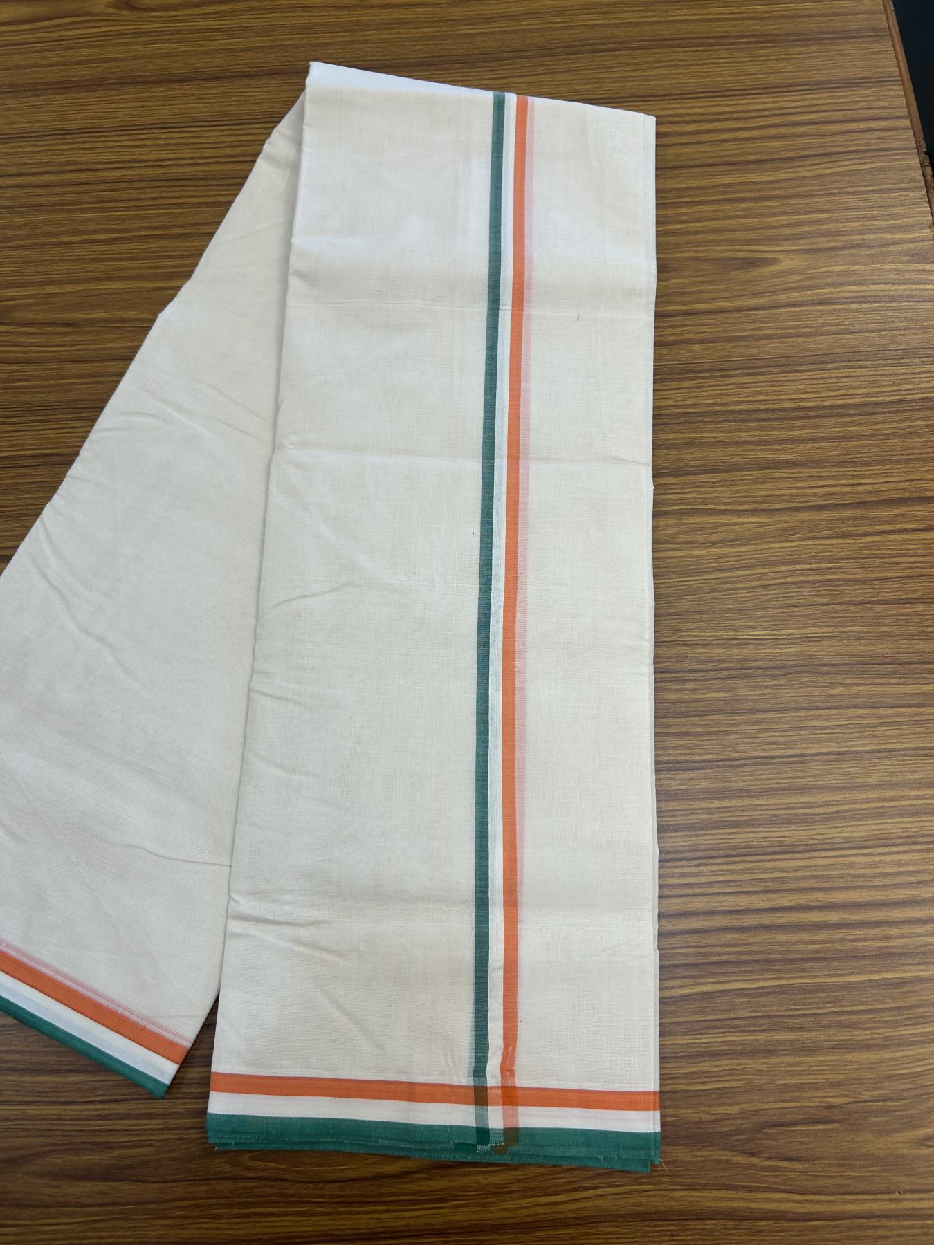 Congress Veshti - 20% Discount! KaithariKada 100% Cotton off white Double - (Unbleached) Mundu/Dhoti - 100X80 - 1 inch Orange White & Green Shaded Kara - 4 KK5335 ASH
