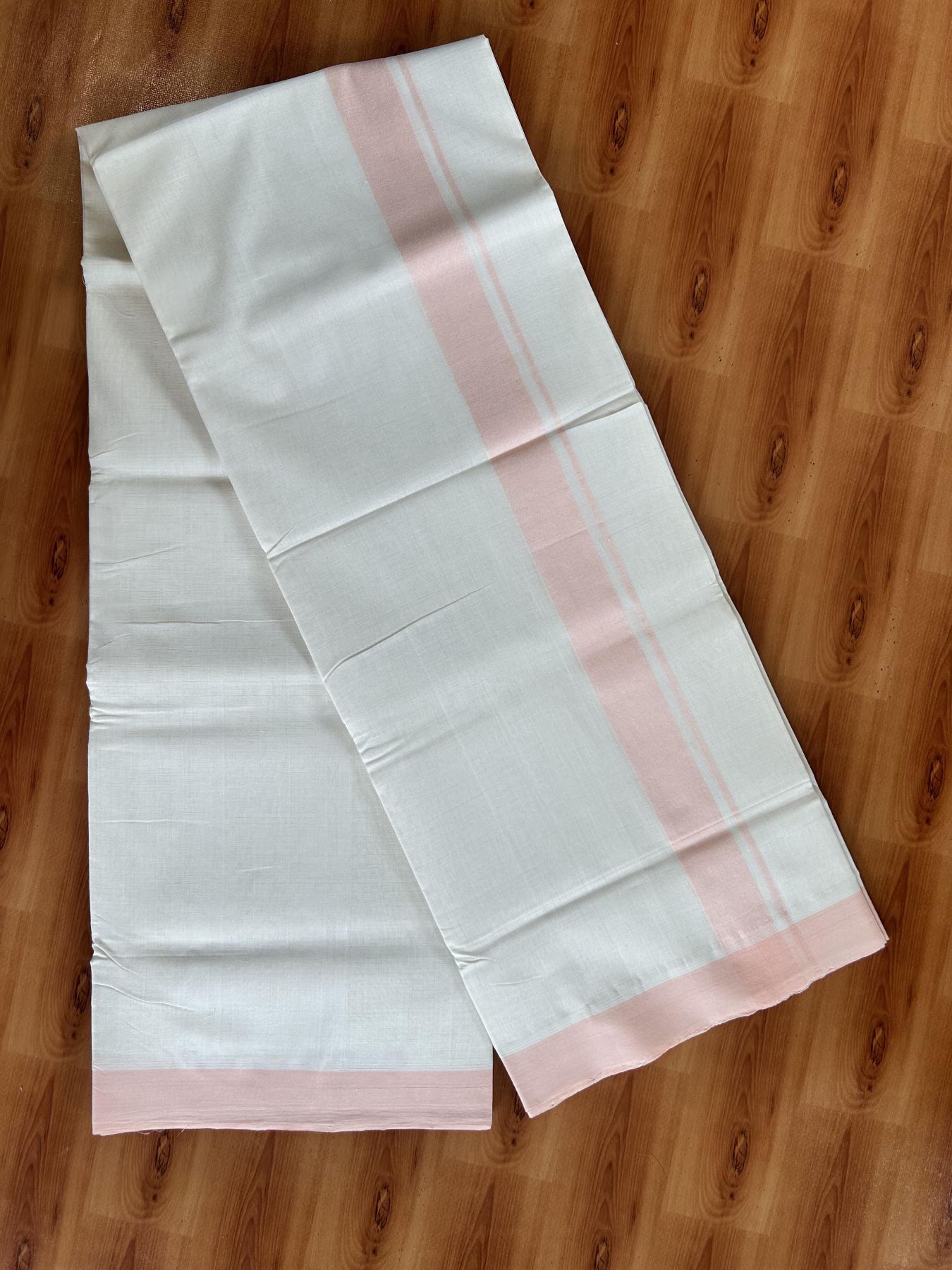Double Off White (Unbleached) Mundu/Dhoti - 25% Discount! KaithariKada Handloom Unakkupaav - Kerala Handloom - Pure Cotton - 80x90 - 1.25 Inch Peach Pink Kara 4 mtr (8.5 Muzham) - 21 KK5439 YAR