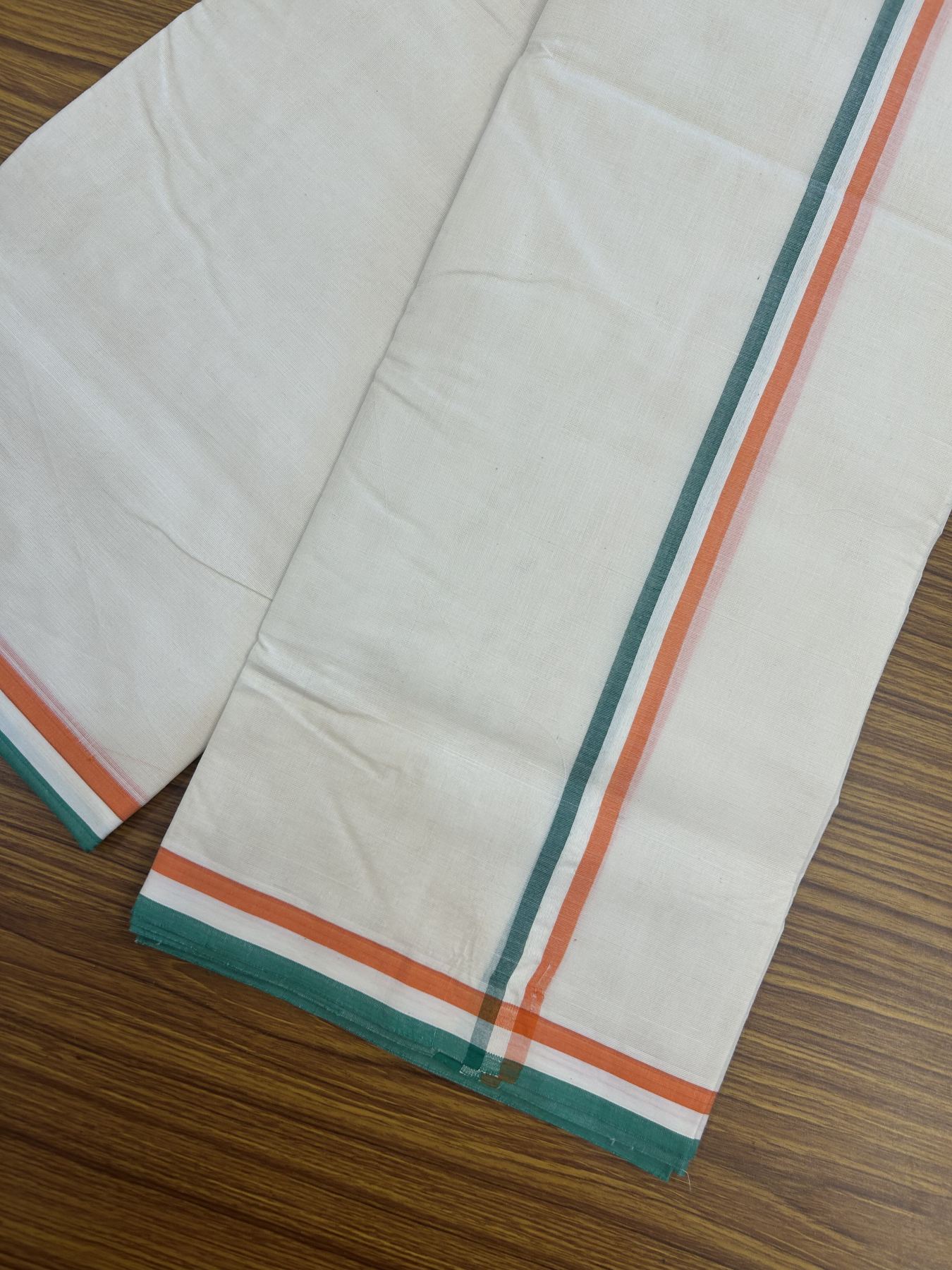 Congress Veshti - 20% Discount! KaithariKada 100% Cotton off white Double - (Unbleached) Mundu/Dhoti - 100X80 - 1 inch Orange White & Green Shaded Kara - 4 KK5335 ASH