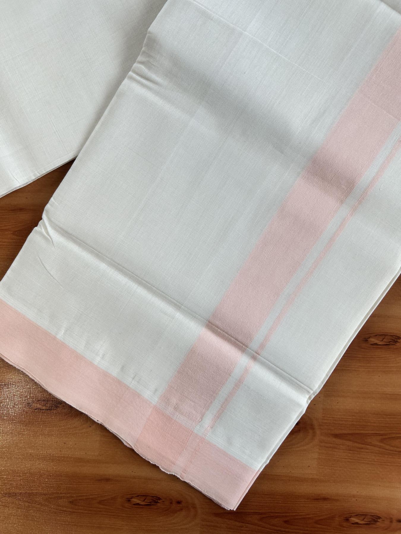 Double Off White (Unbleached) Mundu/Dhoti - 25% Discount! KaithariKada Handloom Unakkupaav - Kerala Handloom - Pure Cotton - 80x90 - 1.25 Inch Peach Pink Kara 4 mtr (8.5 Muzham) - 21 KK5439 YAR