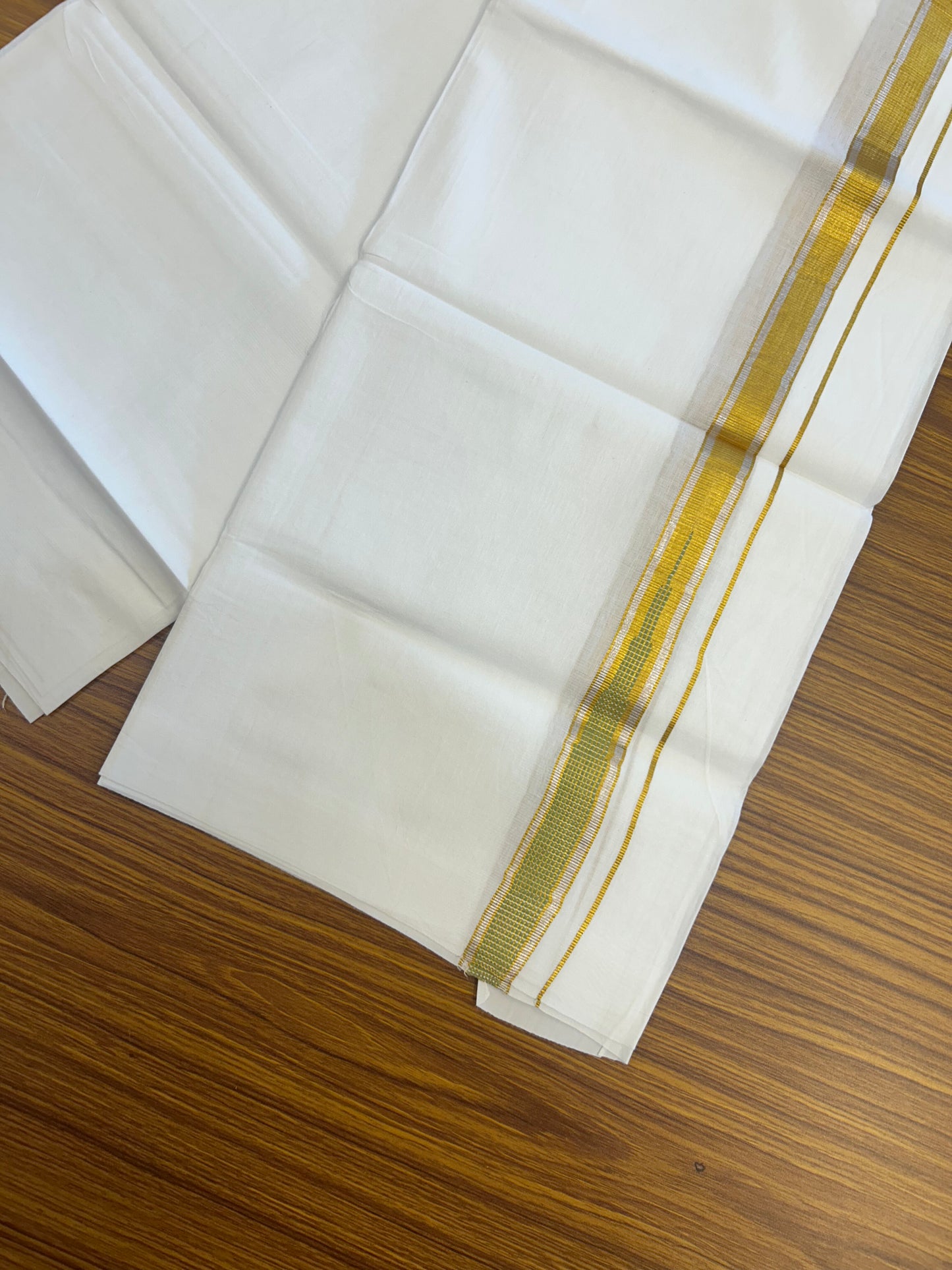 KaithariKada Balaramapuram 100% Cotton Single Pure White Mundu/Dhoti - 80x60 - 1 inch Silver Gold Kasav Light Green Striped chutty kara 2 mtr (4 muzham) - 70 KK5359 THI