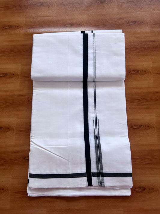 25% Discount!! New Ultra Pure White Thread Handloom - Kerala Handloom - 100% Mercerised Cotton Double Mundu/Dhoti - 120 twisted warp x 100s weft - 1 cm Puliyilakkara Black Chutty kara 3.80 mtr (8 Muzham) - 1 KK5502 REA