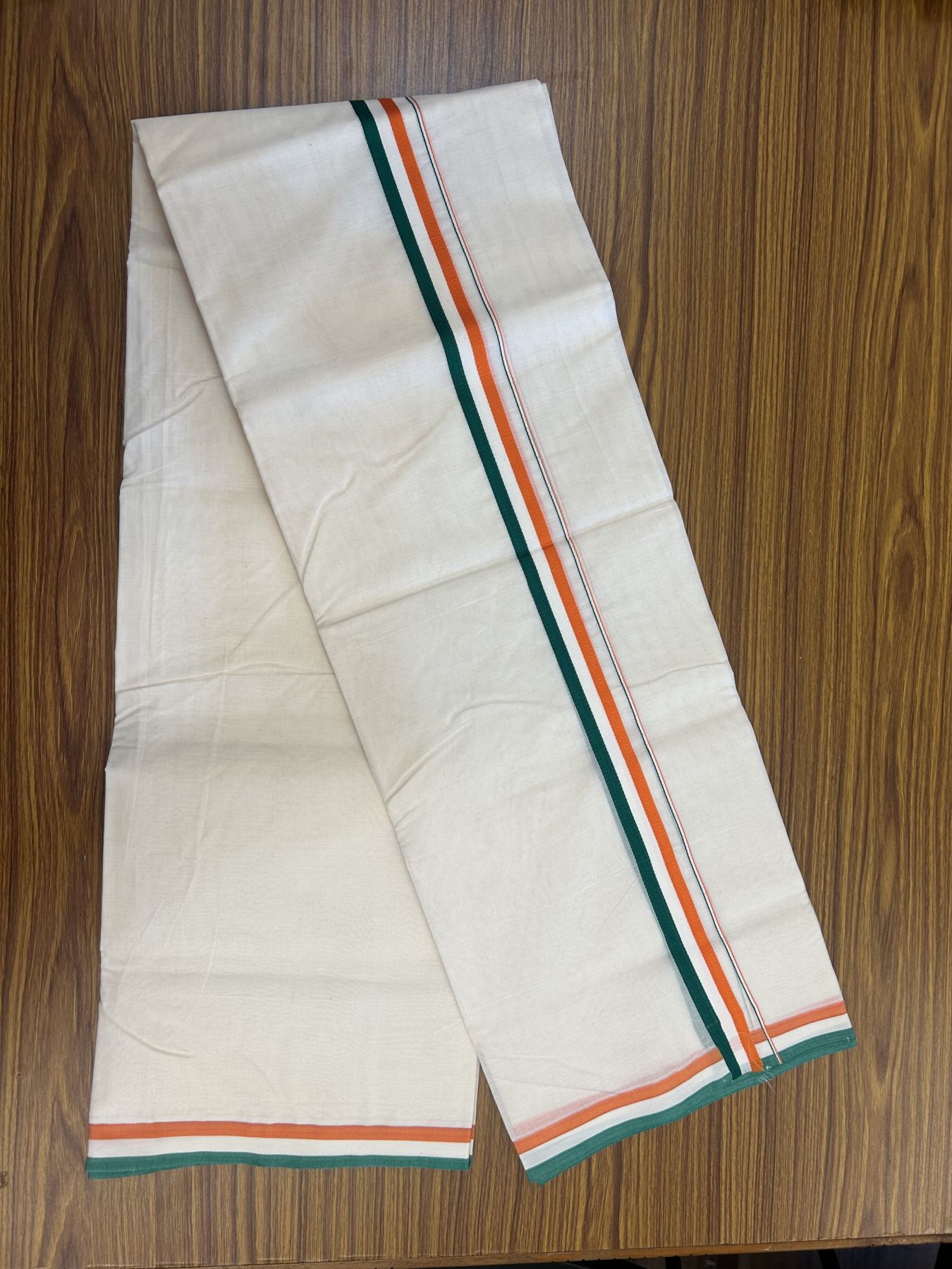 Congress Veshti - 20% Discount! KaithariKada 100% Cotton off white Double - (Unbleached) Mundu/Dhoti - 100X80 - 1 inch Orange White & Green Kara - 3 KK5335 ASH