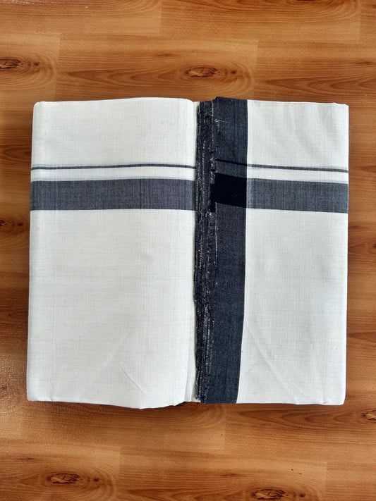 Double Off White (Unbleached) Mundu/Dhoti - 25% Discount! KaithariKada Handloom Unakkupaav - Kerala Handloom - Pure Cotton - 80x90 - 1 Inch Black Kara 4 mtr (8.5 Muzham) - 23 KK5439 YAR