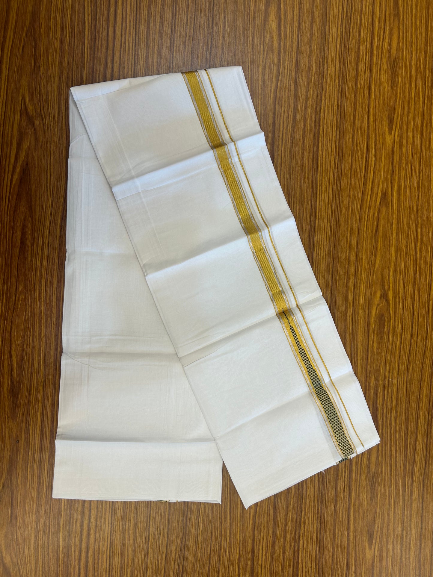 KaithariKada Balaramapuram 100% Cotton Single Pure White Mundu/Dhoti - 80x60  - 1 inch Silver Gold Kasav Green Striped chutty kara 2 mtr (4 muzham) - 71 KK5359 THI