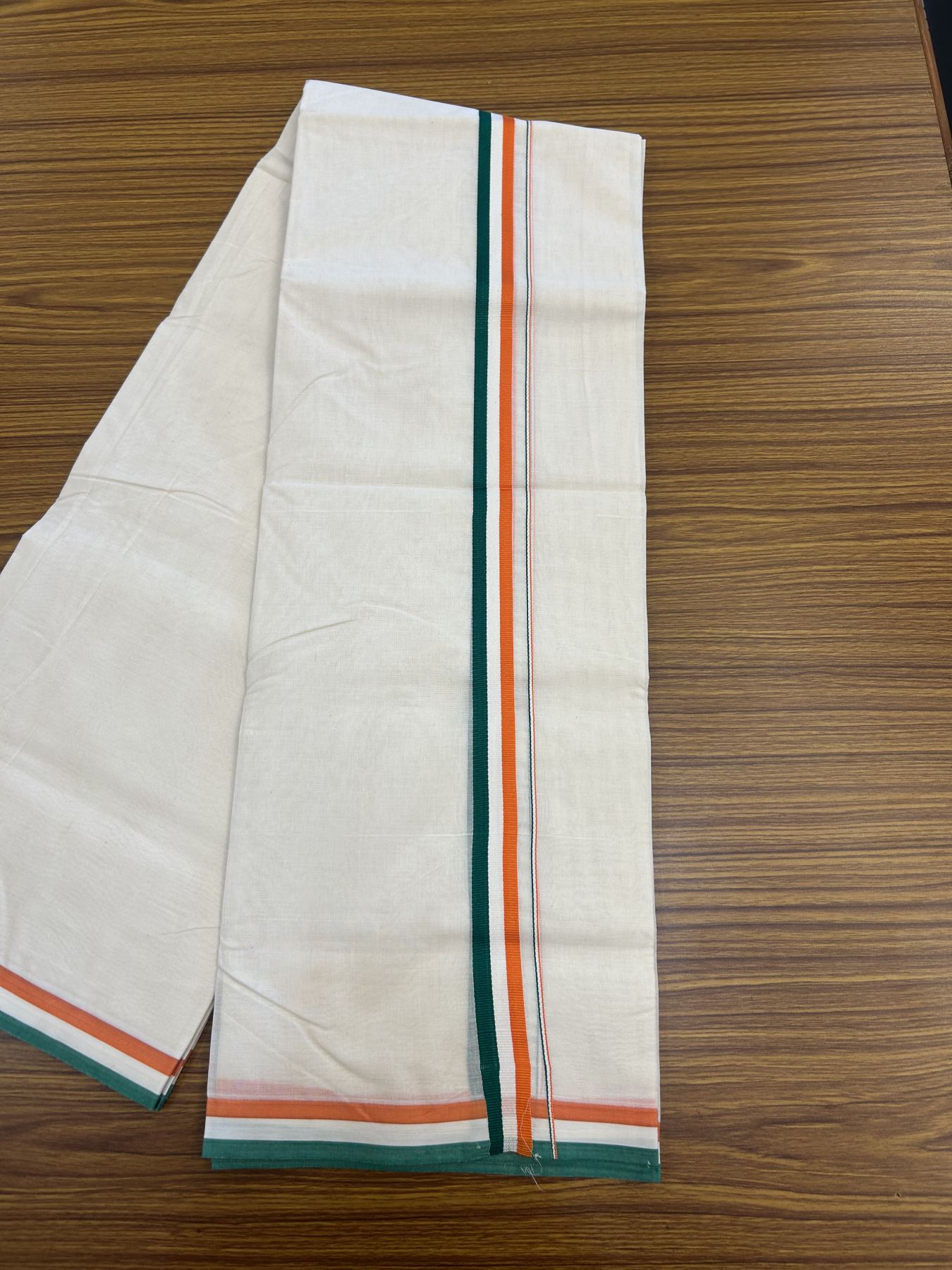 Congress Veshti - 20% Discount! KaithariKada 100% Cotton off white Double - (Unbleached) Mundu/Dhoti - 100X80 - 1 inch Orange White & Green Kara - 3 KK5335 ASH