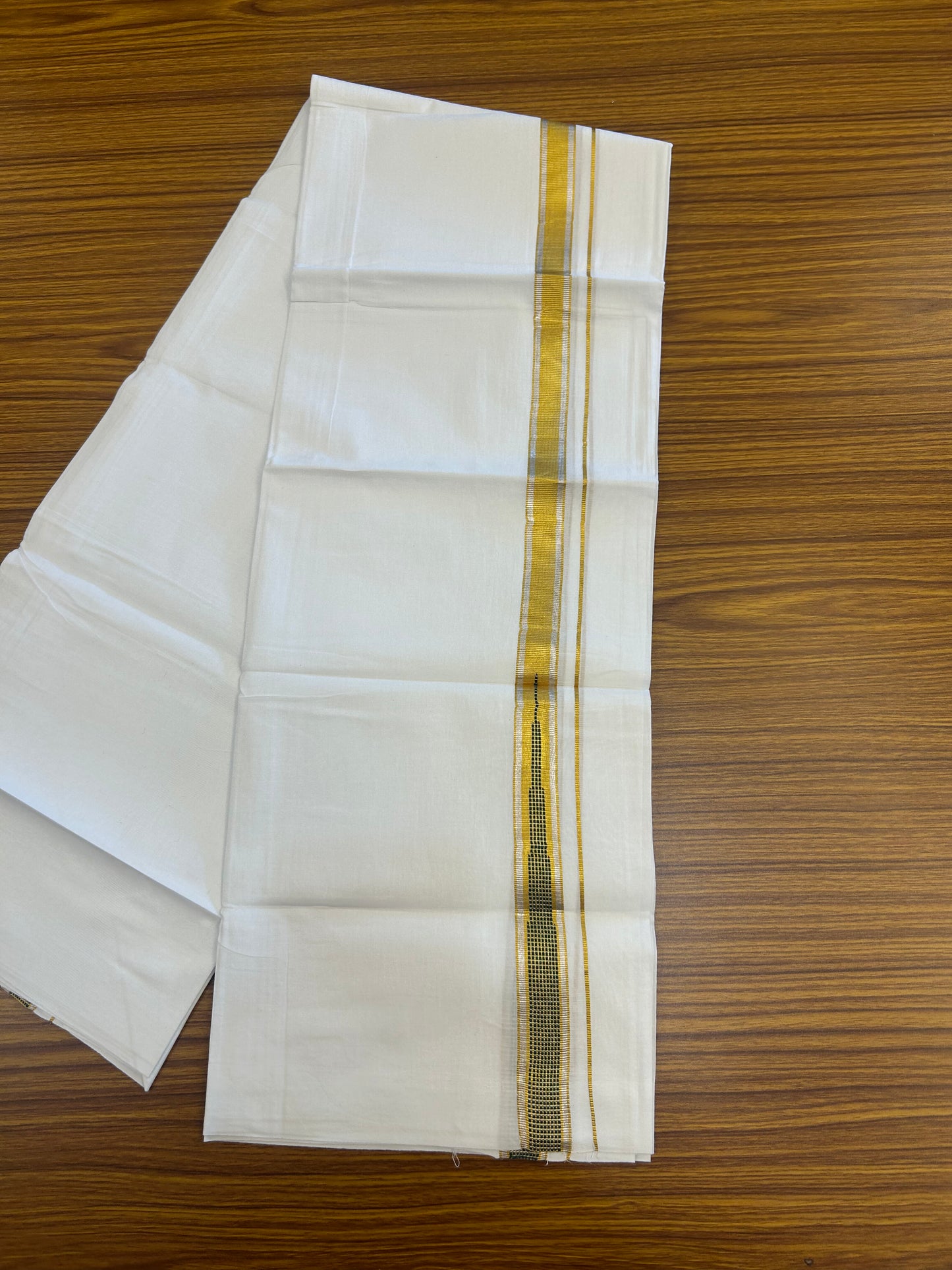 KaithariKada Balaramapuram 100% Cotton Single Pure White Mundu/Dhoti - 80x60  - 1 inch Silver Gold Kasav Green Striped chutty kara 2 mtr (4 muzham) - 71 KK5359 THI