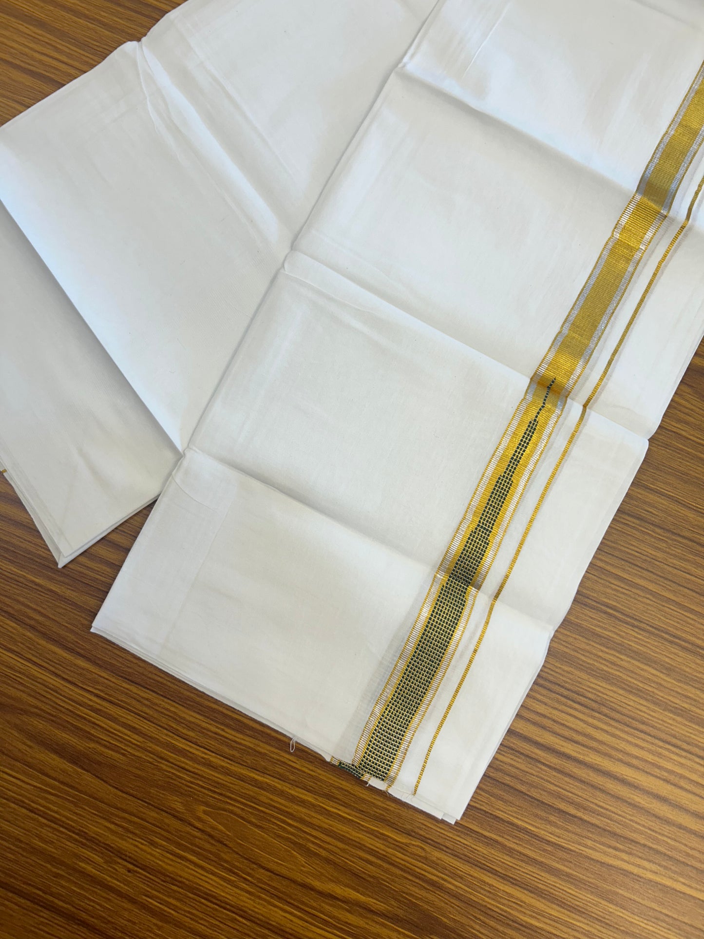 KaithariKada Balaramapuram 100% Cotton Single Pure White Mundu/Dhoti - 80x60  - 1 inch Silver Gold Kasav Green Striped chutty kara 2 mtr (4 muzham) - 71 KK5359 THI