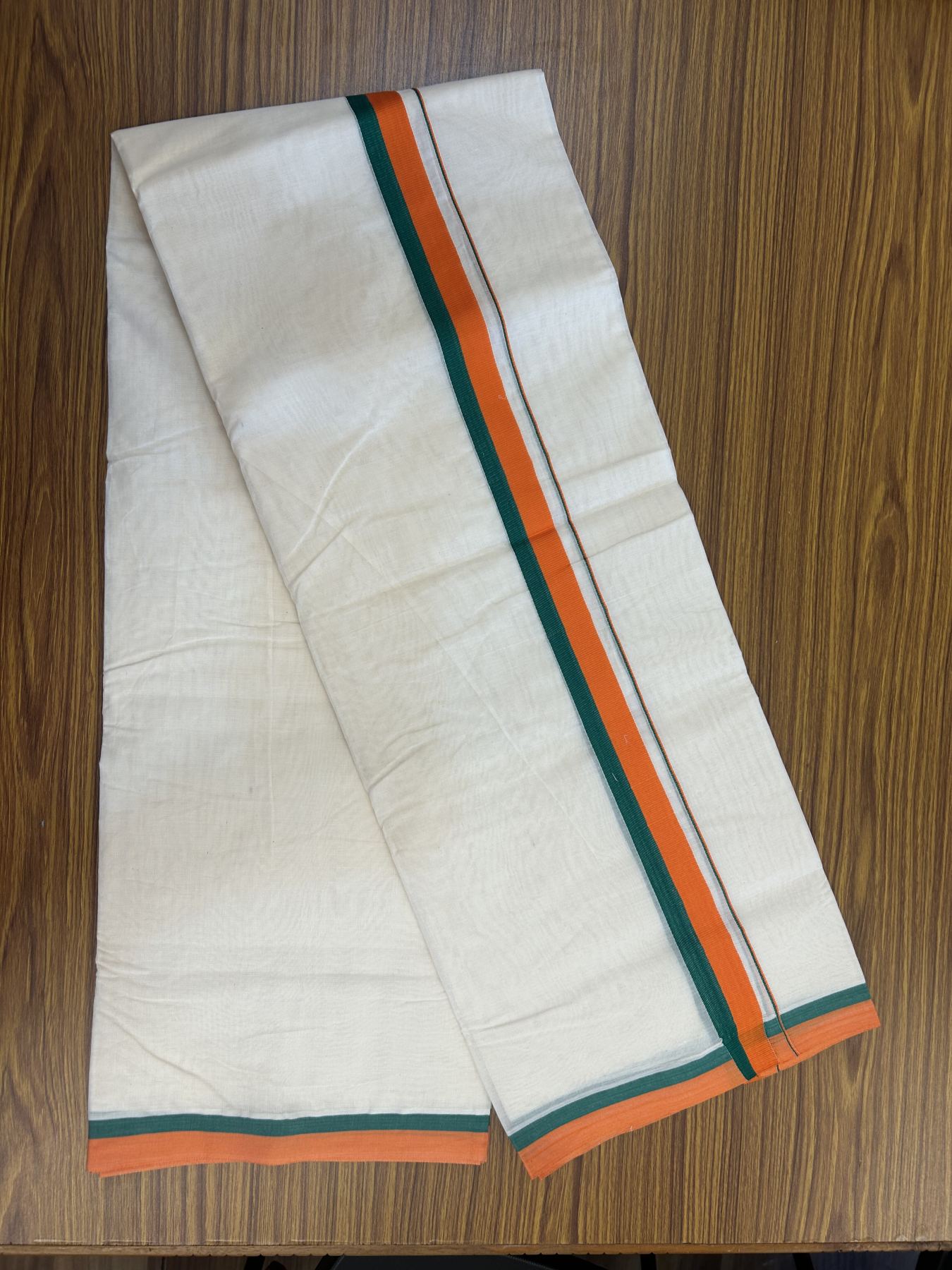 Bjp Veshti - 20% Discount! KaithariKada 100% Cotton off white Double - (Unbleached) Mundu/Dhoti - 100X80 - 1.25 inch Orange & Green Kara - 3.80 mtr (8 muzham) - 7 KK5335 ASH