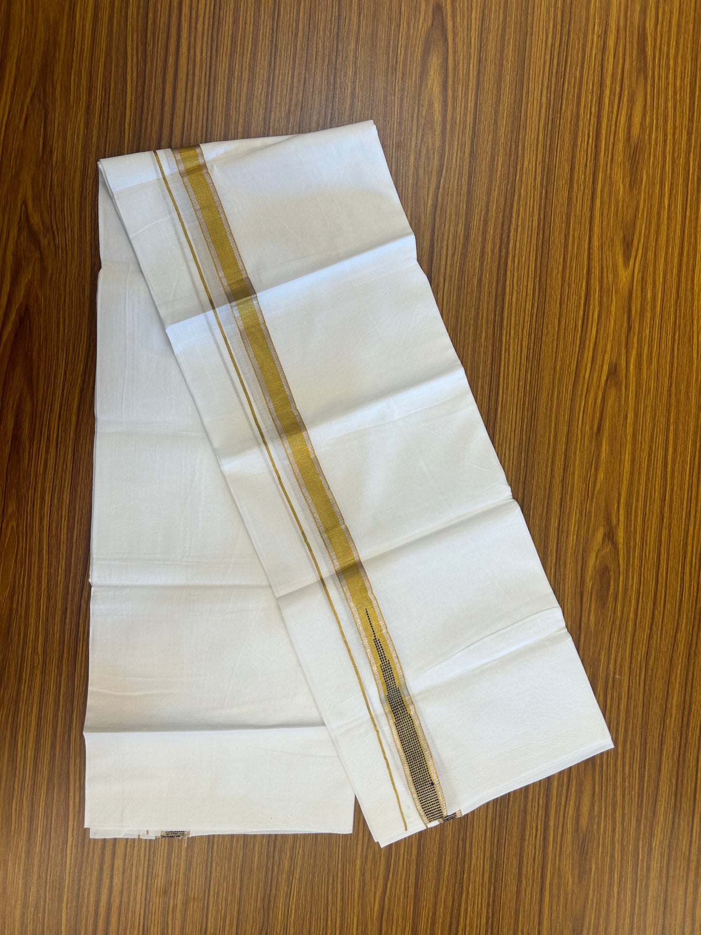 KaithariKada Balaramapuram 100% Cotton Single Pure White Mundu/Dhoti - 80x60 - 1 inch Silver Gold Kasav Navy Blue Striped chutty kara 2 mtr (4 muzham) - 67 KK5359 THI