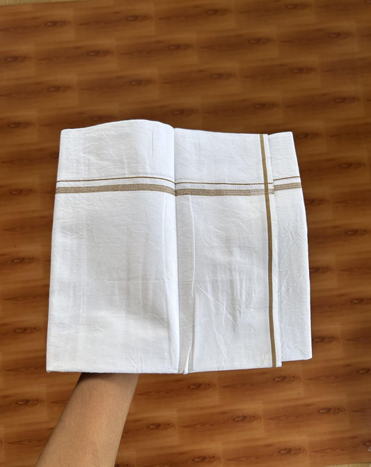 Single Mundu/Dhoti  - Pure White - 29% Discount !! KaithariKada Balaramapuram 100% Cotton - Twisted 60s Thread - 0.5 Cm Silver Kasav & Sand Brown Shaded Striped Kara (2 meter / 4 muzham) - 48 KK5393 GL