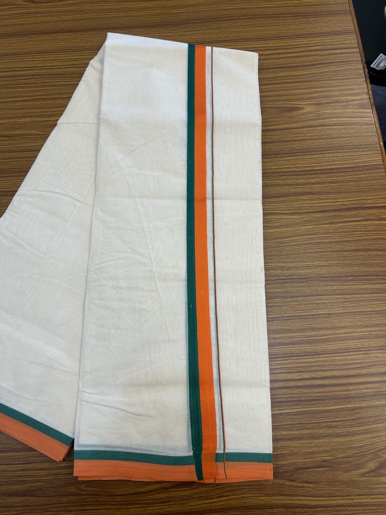 Bjp Veshti - 20% Discount! KaithariKada 100% Cotton off white Double - (Unbleached) Mundu/Dhoti - 100X80 - 1.25 inch Orange & Green Kara - 3.80 mtr (8 muzham) - 7 KK5335 ASH