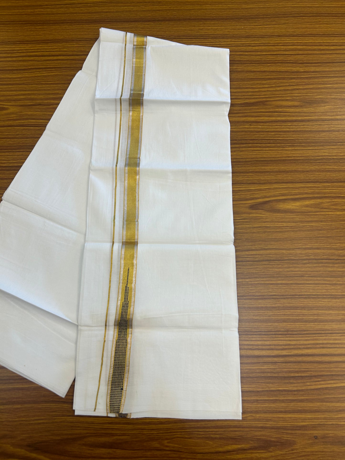 KaithariKada Balaramapuram 100% Cotton Single Pure White Mundu/Dhoti - 80x60 - 1 inch Silver Gold Kasav Navy Blue Striped chutty kara 2 mtr (4 muzham) - 67 KK5359 THI