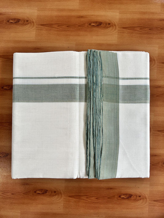 Double Off White (Unbleached) Mundu/Dhoti - 25% Discount! KaithariKada Handloom Unakkupaav - Kerala Handloom - Pure Cotton - 80x90 - 1.25 Inch Mustard & Green Striped Kara 4 mtr (8.5 Muzham) - 12 KK5439 YAR