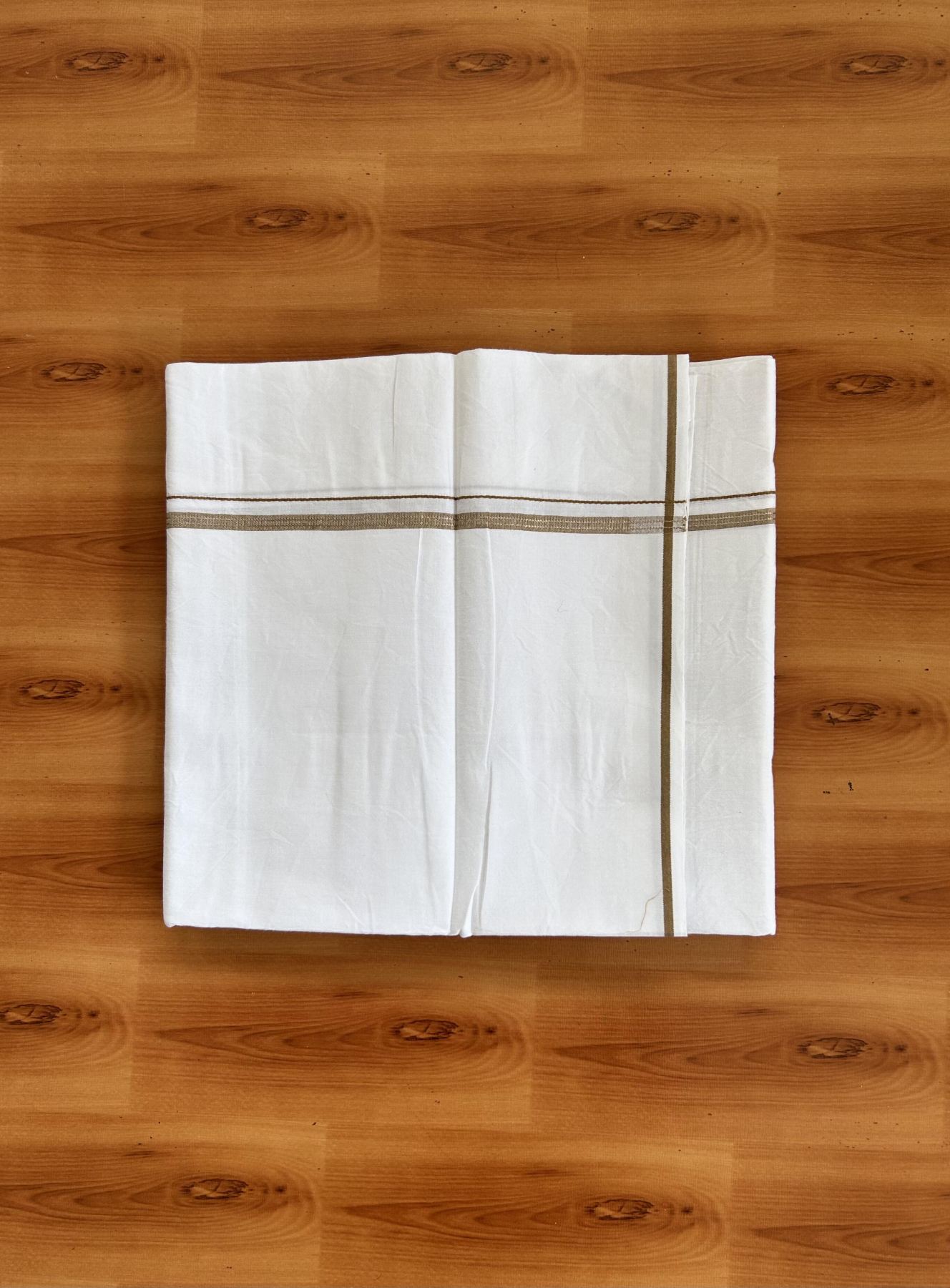 Single Mundu/Dhoti  - Pure White - 29% Discount !! KaithariKada Balaramapuram 100% Cotton - Twisted 60s Thread - 0.5 Cm Silver Kasav & Sand Brown Shaded Striped Kara (2 meter / 4 muzham) - 48 KK5393 GL
