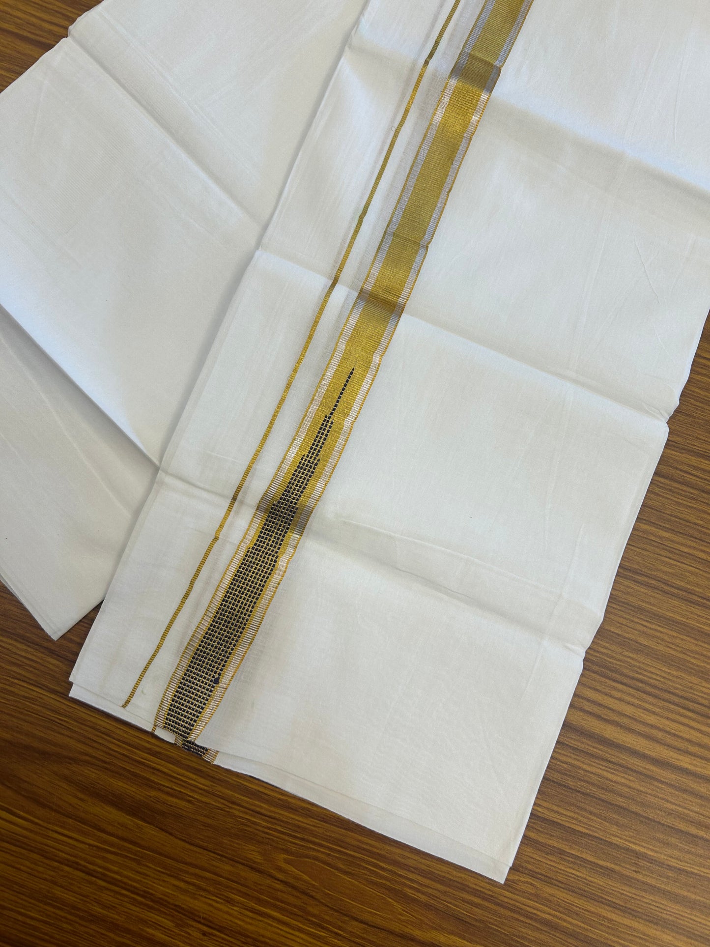 KaithariKada Balaramapuram 100% Cotton Single Pure White Mundu/Dhoti - 80x60 - 1 inch Silver Gold Kasav Navy Blue Striped chutty kara 2 mtr (4 muzham) - 67 KK5359 THI