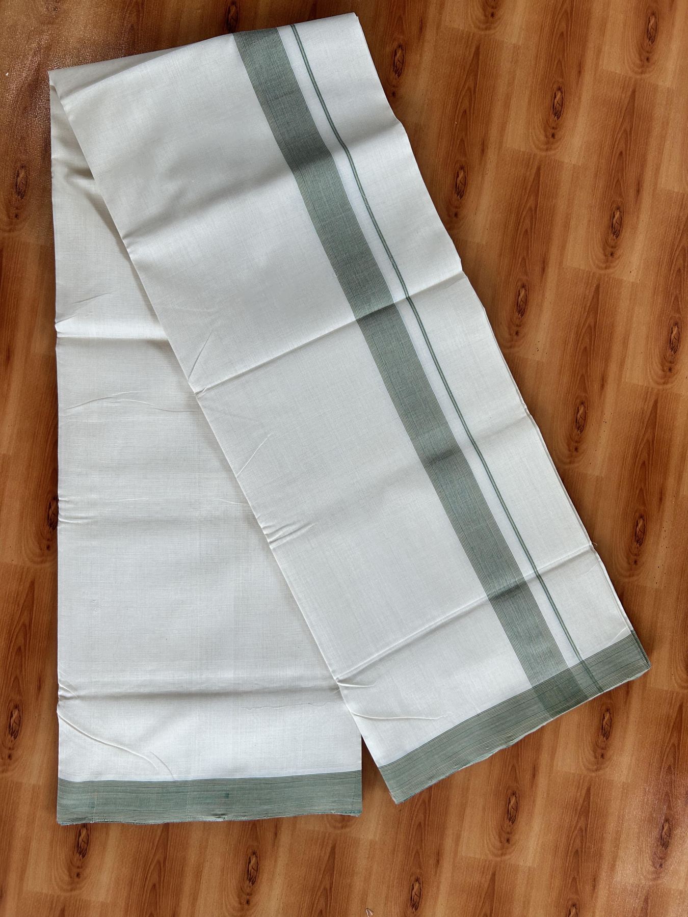 Double Off White (Unbleached) Mundu/Dhoti - 25% Discount! KaithariKada Handloom Unakkupaav - Kerala Handloom - Pure Cotton - 80x90 - 1.25 Inch Mustard & Green Striped Kara 4 mtr (8.5 Muzham) - 12 KK5439 YAR