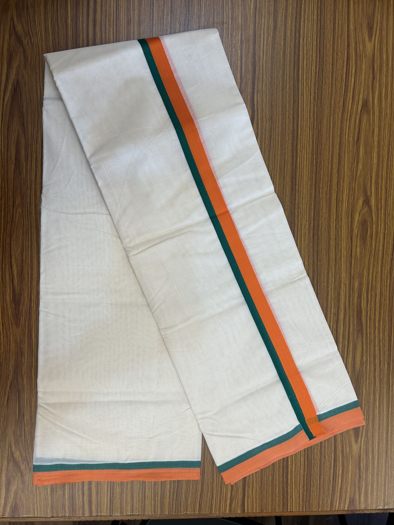 Bjp Veshti - 20% Discount! KaithariKada 100% Cotton Off White Double - (Unbleached) Mundu/Dhoti - 100X80 - 1 inch Orange & Green Kara 3.80 m (8 muzham)-  5 KK5335 ASH