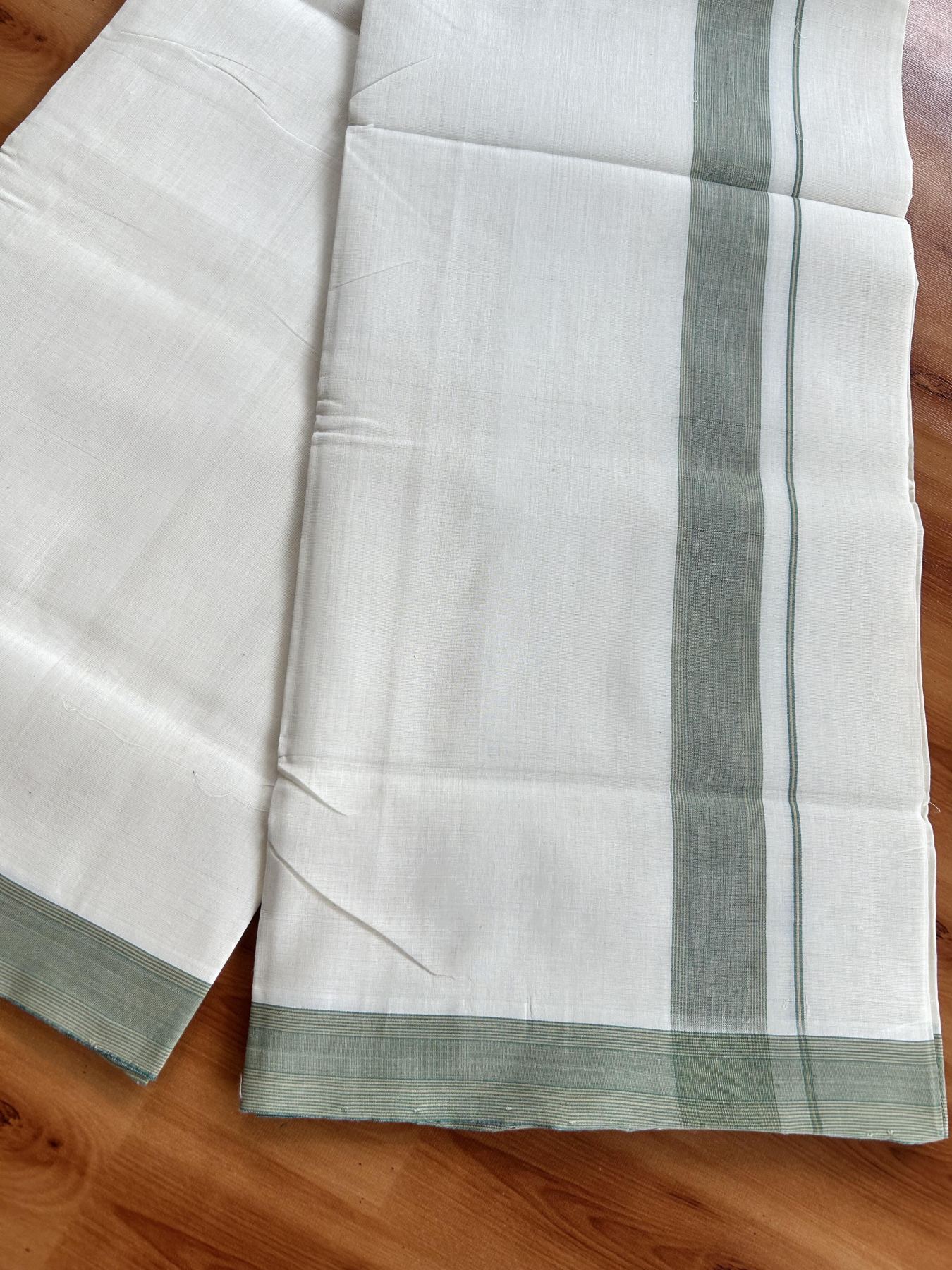 Double Off White (Unbleached) Mundu/Dhoti - 25% Discount! KaithariKada Handloom Unakkupaav - Kerala Handloom - Pure Cotton - 80x90 - 1.25 Inch Mustard & Green Striped Kara 4 mtr (8.5 Muzham) - 12 KK5439 YAR