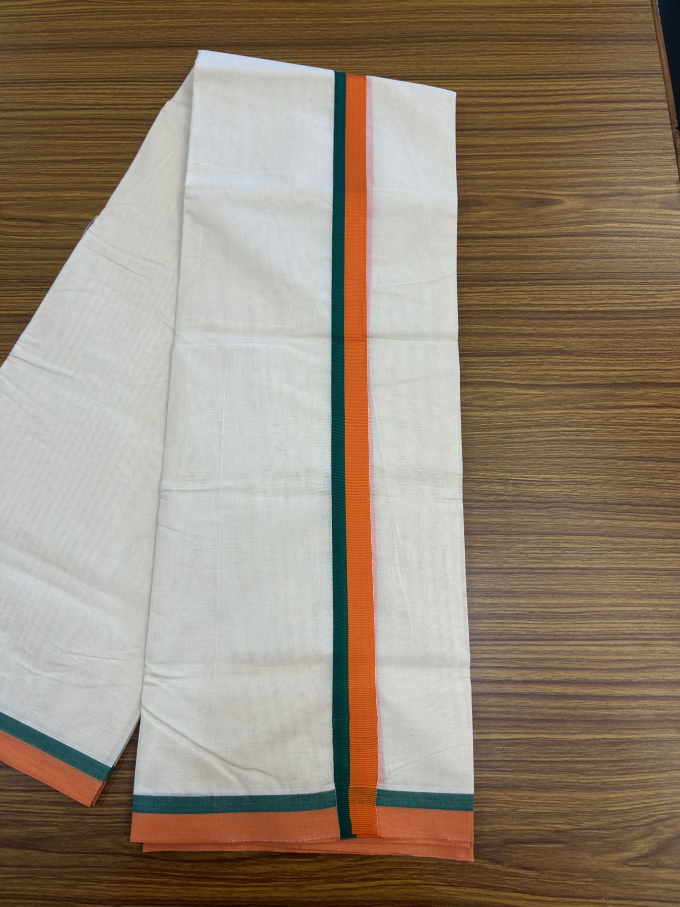 Bjp Veshti - 20% Discount! KaithariKada 100% Cotton Off White Double - (Unbleached) Mundu/Dhoti - 100X80 - 1 inch Orange & Green Kara 3.80 m (8 muzham)-  5 KK5335 ASH