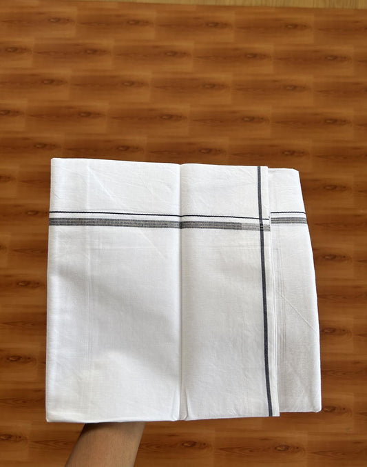 Single Mundu/Dhoti  - Pure White - 29% Discount !! KaithariKada Balaramapuram 100% Cotton - Twisted 60s Thread - 0.5 Cm Silver Kasav & Navy Blue Shaded Striped Kara (2 meter / 4 muzham) - 45 KK5393 GL