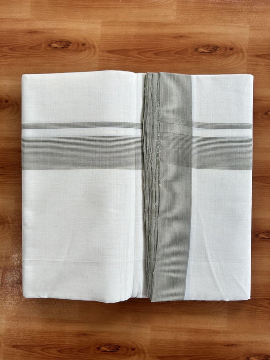 Double Off White (Unbleached) Mundu/Dhoti - 25% Discount! KaithariKada Handloom Unakkupaav - Kerala Handloom - Pure Cotton - 80x90 - 1.25 Inch Pink & Green Striped Kara 4 mtr (8.5 Muzham) - 10 KK5439 YAR