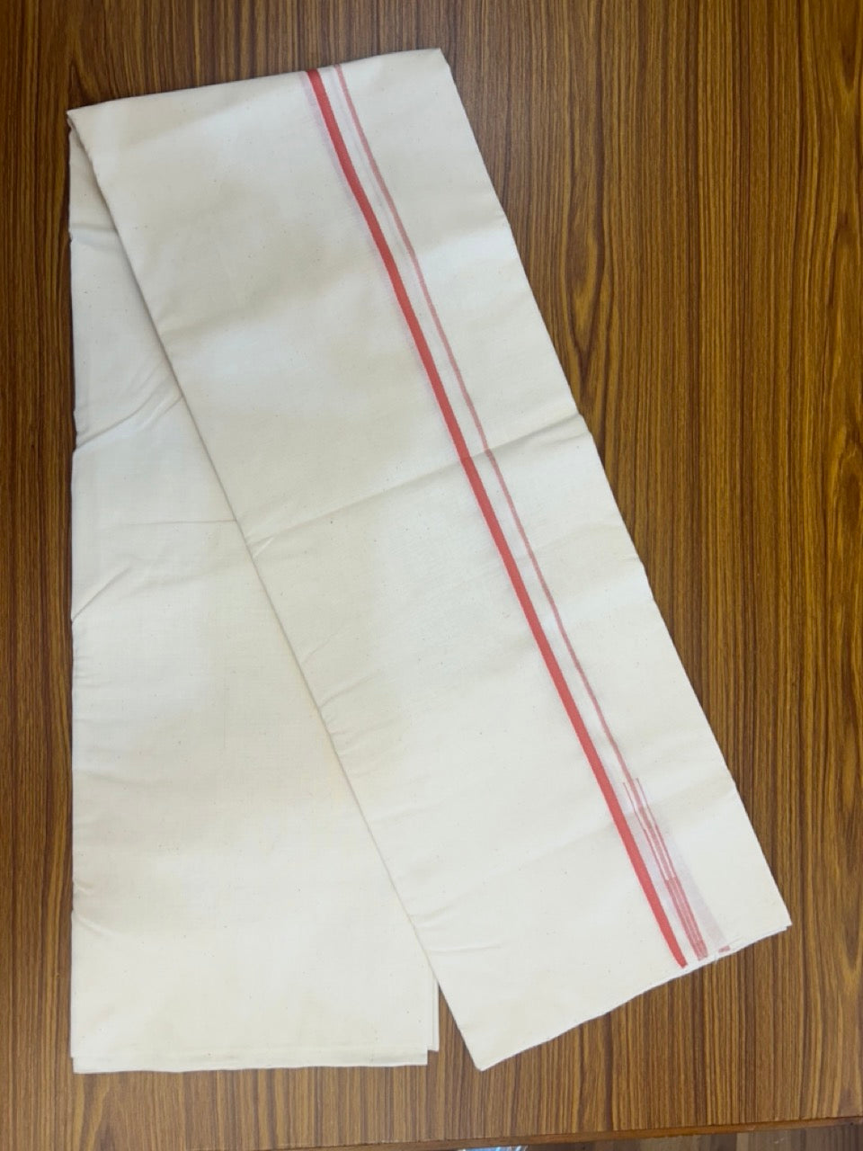 25% DISCOUNT!! SIGNATURE KAITHARIKADA EXCLUSIVE SINGLE DHOTI - 100% Cotton Balaramapuram HANDLOOM Single Mundu/Dhoti - Off White (Unbleached) 0.25 inch Puliyilakkara Silver Kasav & Peach Chutty Kara (2 meter / 4 muzham) - 3 KK5293 KAI