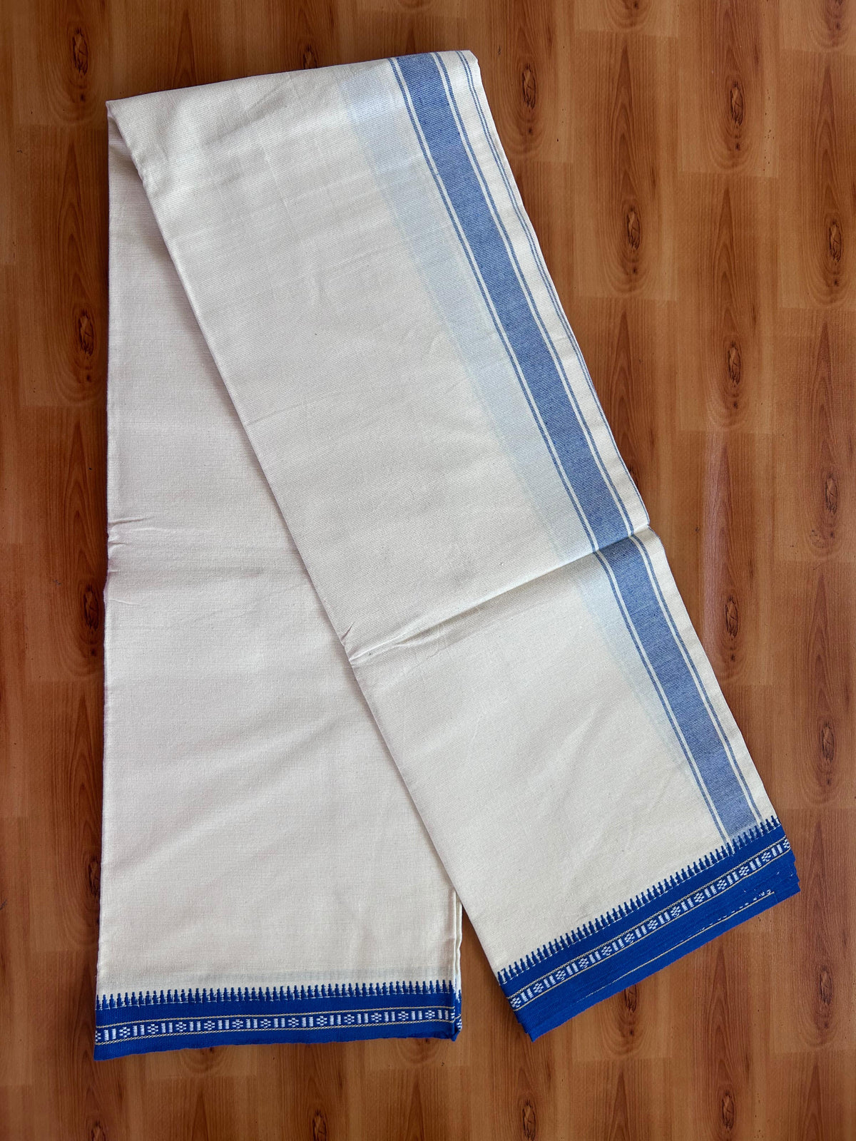 Kaitharikada Single Kaily / Lungi - Pure Cotton - (2/40)S 1 inch Blue Striped kara With Off White Body Kuppadam Border (2 meter / 4 muzham) - 2 KK8077 KUT