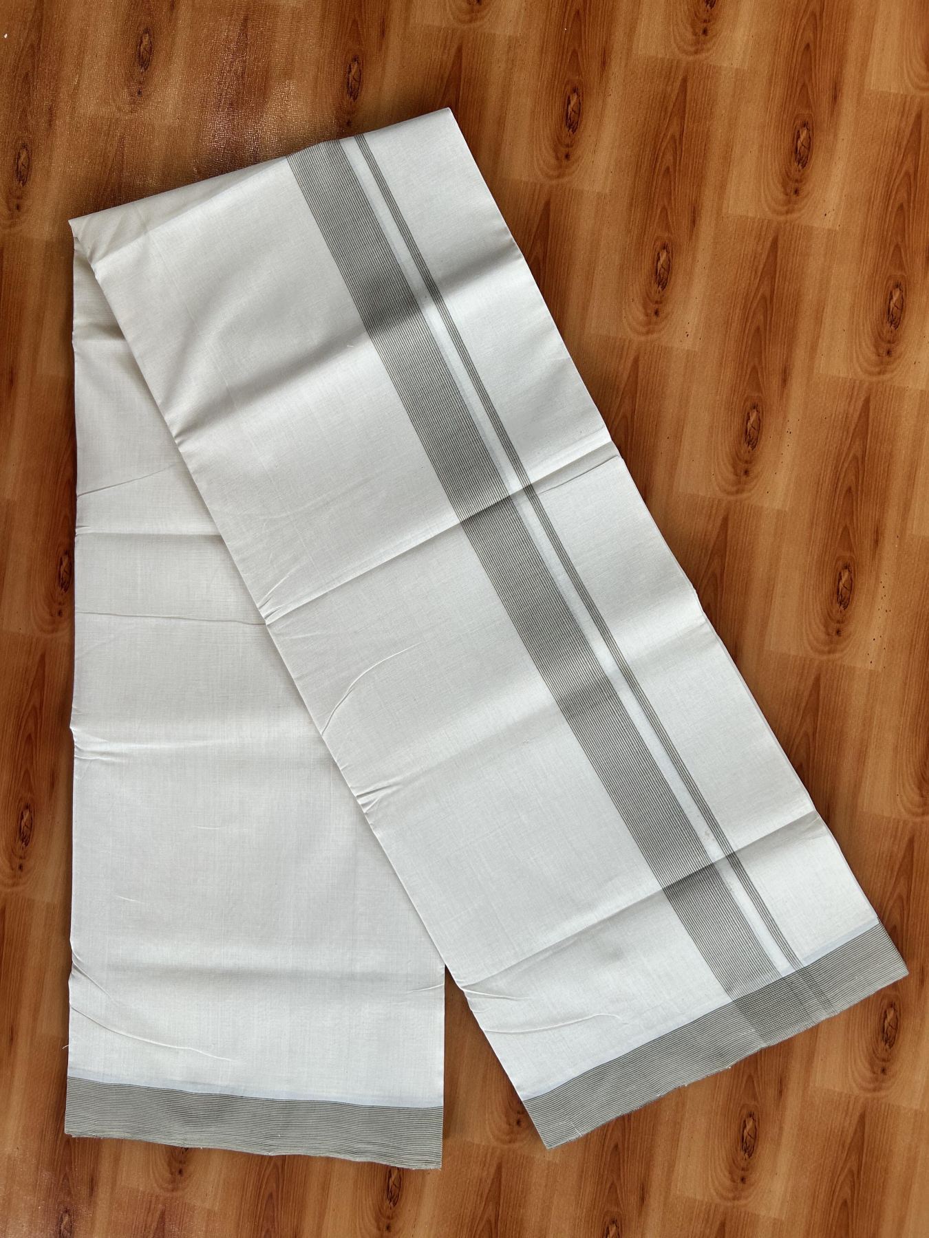 Double Off White (Unbleached) Mundu/Dhoti - 25% Discount! KaithariKada Handloom Unakkupaav - Kerala Handloom - Pure Cotton - 80x90 - 1.25 Inch Pink & Green Striped Kara 4 mtr (8.5 Muzham) - 10 KK5439 YAR