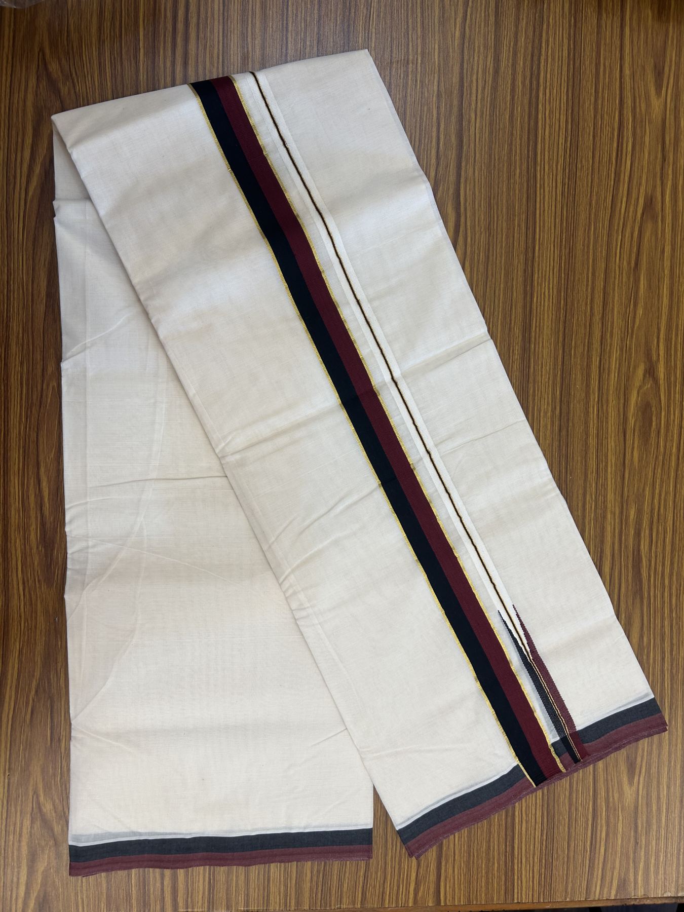 Dmk Veshti - 20% Discount !! KaithariKada Balaramapuram Double Off White - (Unbleached) Mundu/Dhoti - 100X100 - 1.5 inch Puliyilakkara Kasav Maroon & Black Chutty Kara 4 meters (8.5 Muzham) -  6 KK5335 ASH