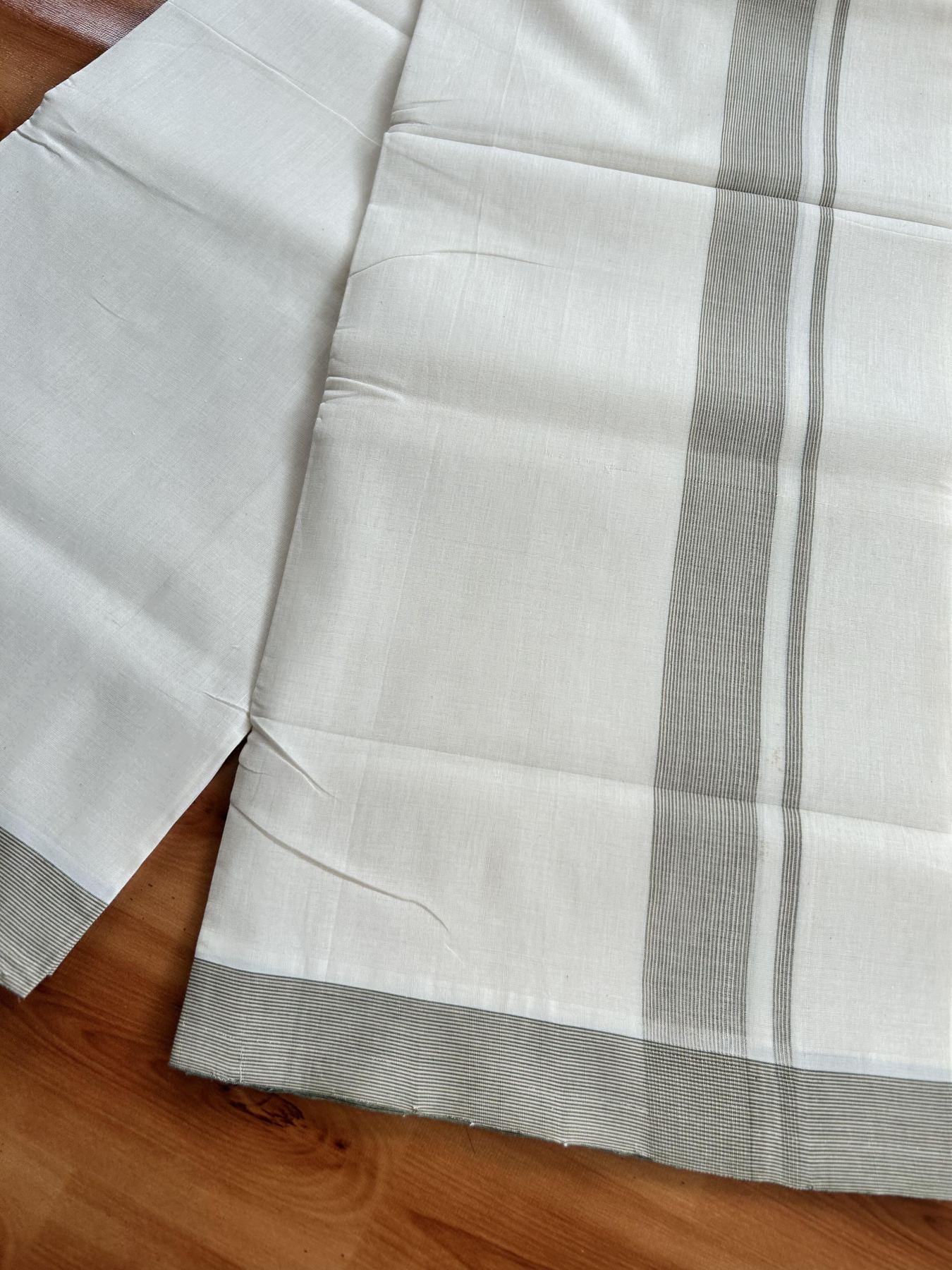 Double Off White (Unbleached) Mundu/Dhoti - 25% Discount! KaithariKada Handloom Unakkupaav - Kerala Handloom - Pure Cotton - 80x90 - 1.25 Inch Pink & Green Striped Kara 4 mtr (8.5 Muzham) - 10 KK5439 YAR
