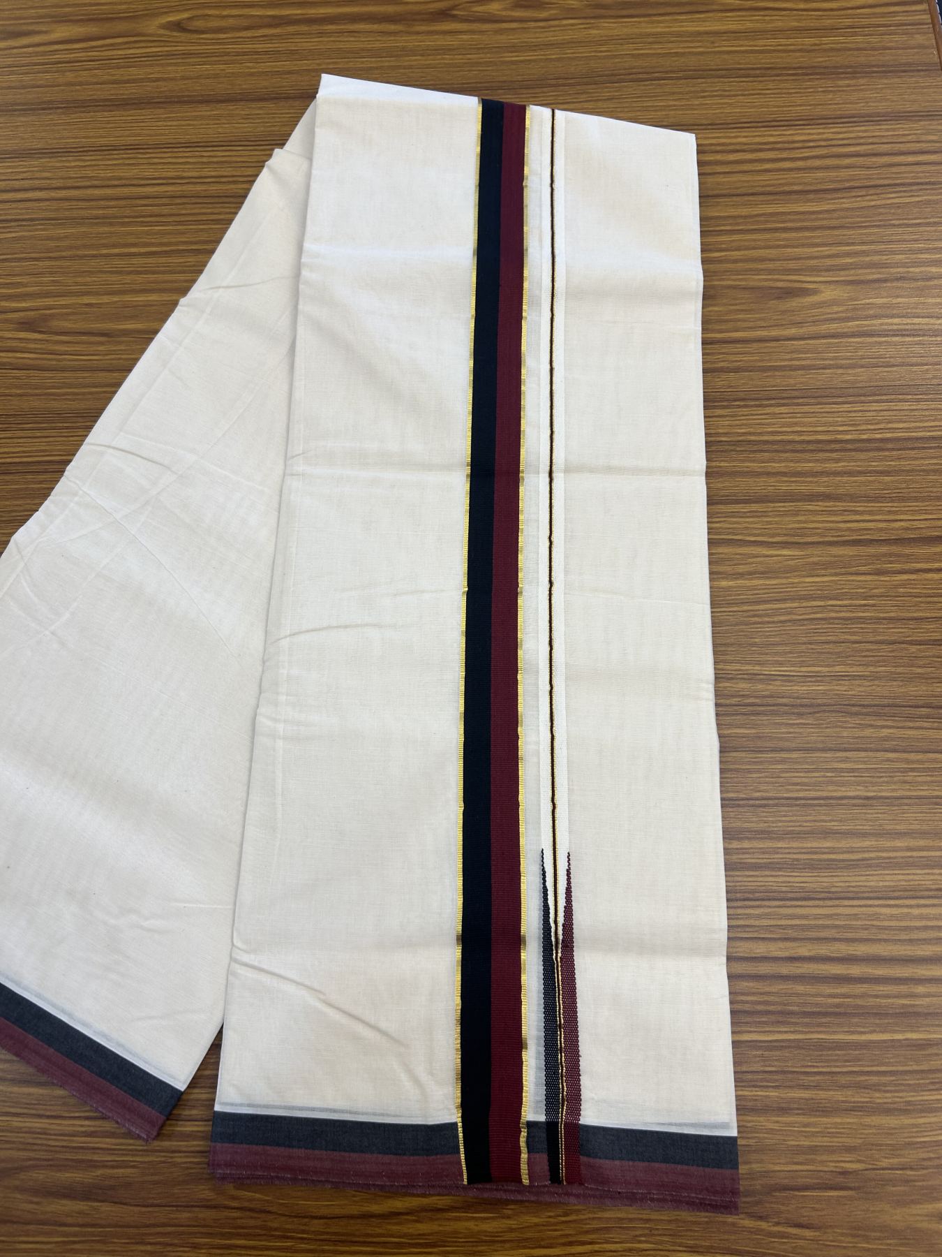 Dmk Veshti - 20% Discount !! KaithariKada Balaramapuram Double Off White - (Unbleached) Mundu/Dhoti - 100X100 - 1.5 inch Puliyilakkara Kasav Maroon & Black Chutty Kara 4 meters (8.5 Muzham) -  6 KK5335 ASH