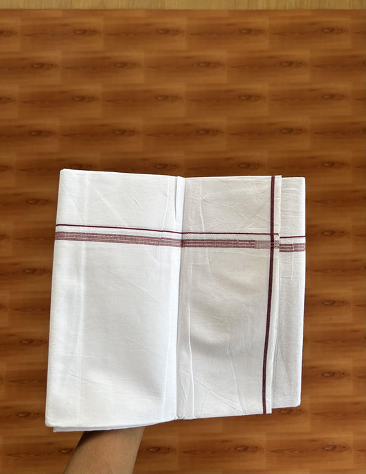 Single Mundu/Dhoti  - Pure White - 29% Discount !! KaithariKada Balaramapuram 100% Cotton - Twisted 60s Thread - 0.5 Cm Silver Kasav & Light Maroon Shaded Striped Kara (2 meter / 4 muzham) - 47 KK5393 GL