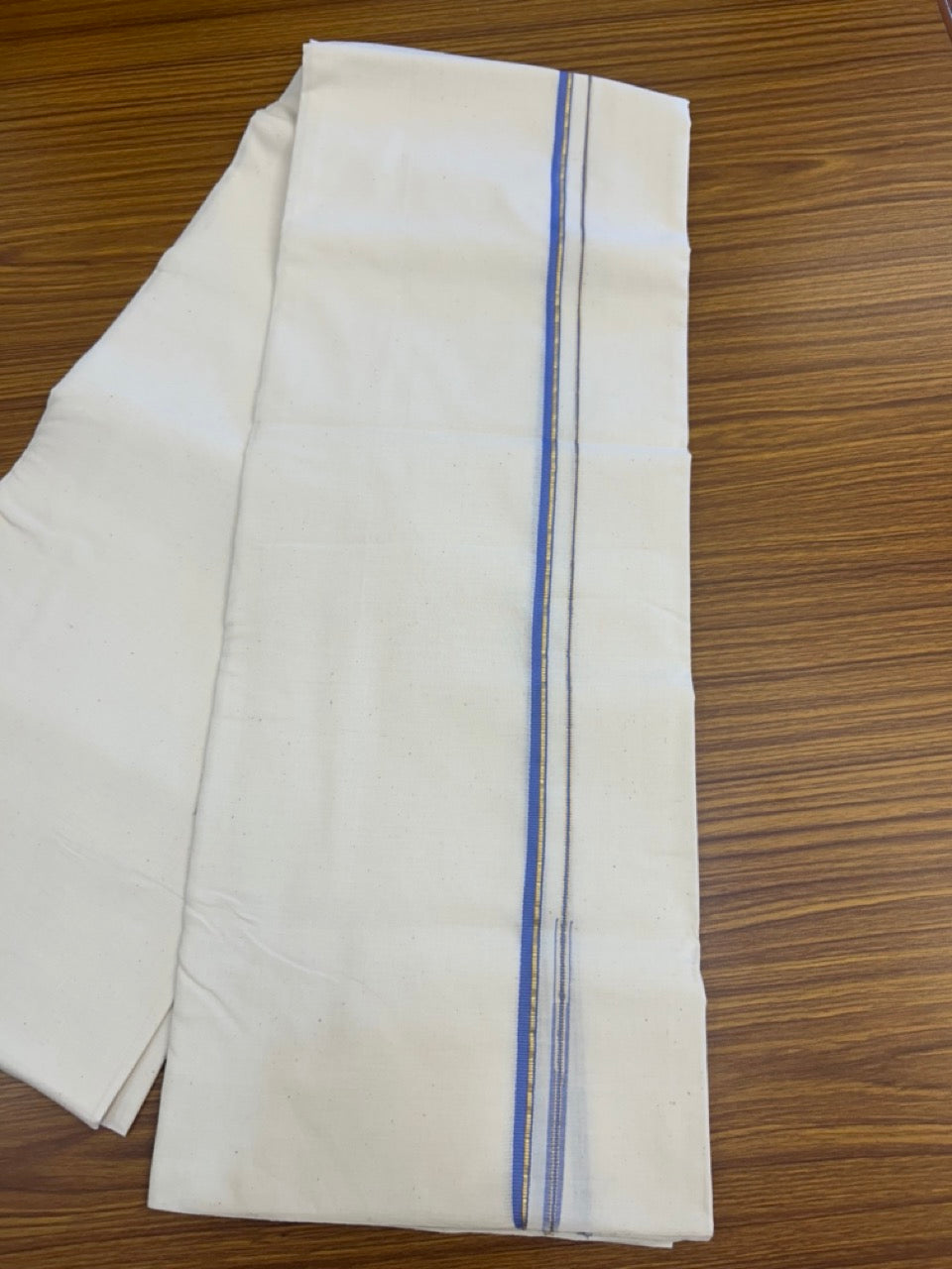25% DISCOUNT!! SIGNATURE KAITHARIKADA EXCLUSIVE SINGLE DHOTI - 100% Cotton Balaramapuram HANDLOOM Single Mundu/Dhoti - Off White (Unbleached) 0.25 inch Puliyilakkara Gold Kasav & Lavender Blue Chutty Kara (2 meter / 4 muzham) - 4 KK5293 KAI