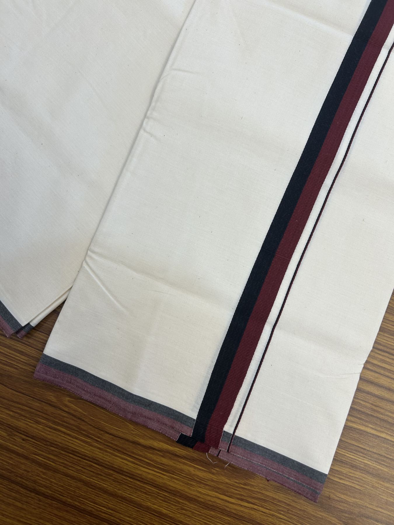 Dmk Veshti - 20% Discount ! KaithariKada Balaramapuram 100% Cotton Single Off White (Unbleached) Mundu/Dhoti-100X100 - 1 inch Puliyilakkara Maroon & Black Shaded Kara (2 meter / 4 muzham) - 8 KK5335 ASH