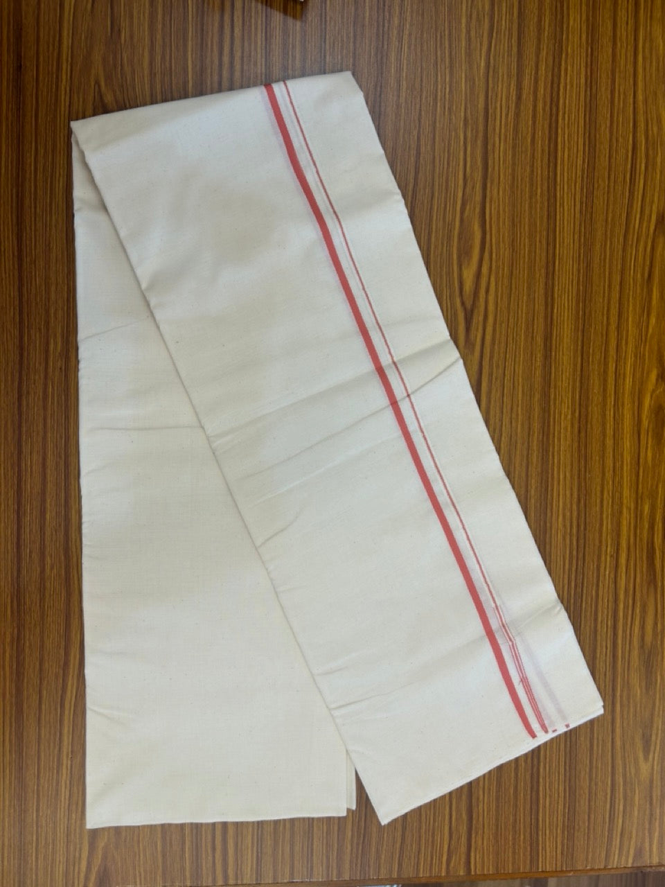 25% DISCOUNT!! SIGNATURE KAITHARIKADA EXCLUSIVE SINGLE DHOTI - 100% Cotton Balaramapuram HANDLOOM Single Mundu/Dhoti - Off White (Unbleached) 0.25 inch Puliyilakkara Silver Kasav & Peach Chutty Kara (2 meter / 4 muzham) - 5 KK5293 KAI