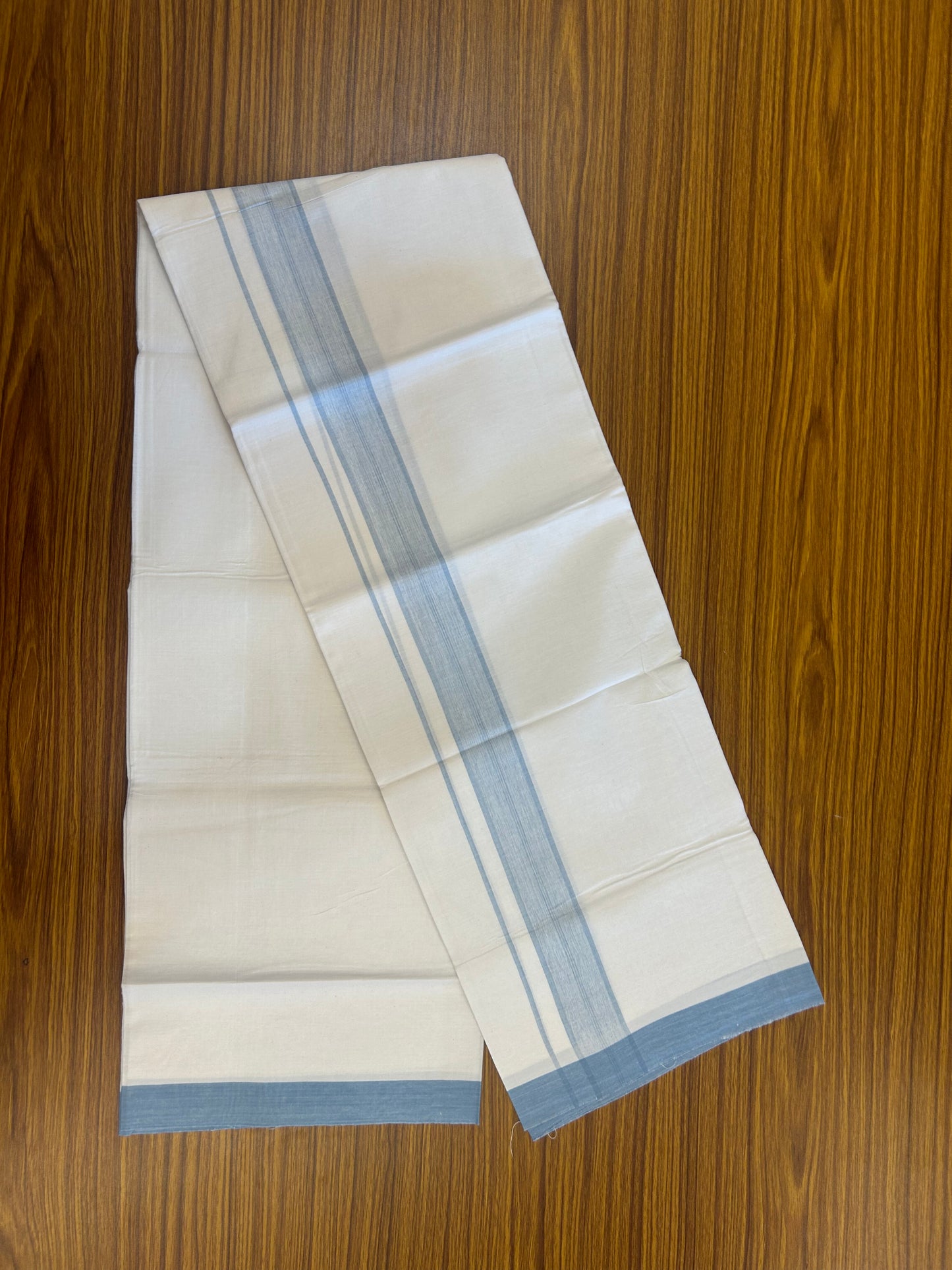 KaithariKada Balaramapuram 100% Cotton Single Pure White Mundu/Dhoti - (40s) - 1.5 inch Light Blue Shaded Stripes kara 2 mtr (4 muzham) - 51 KK5359 THI